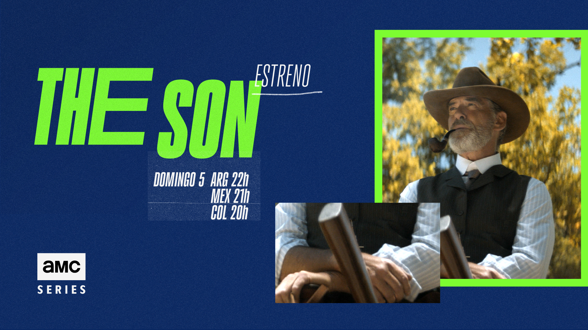 Promotional poster for the TV series 'The Son' showing a man with a beard and cowboy hat smoking a pipe, holding a rifle, with autumn trees in the background, and text detailing the show's premiere date and time.