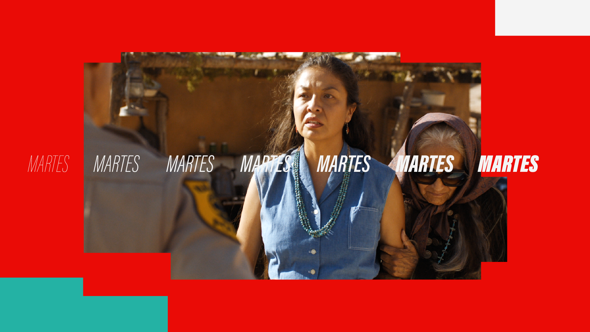 Woman in blue sleeveless shirt with necklaces in a conversation with a police officer, woman with sunglasses and headscarf standing behind her, displayed over a red background with the word 'Martes' repeated across the image.