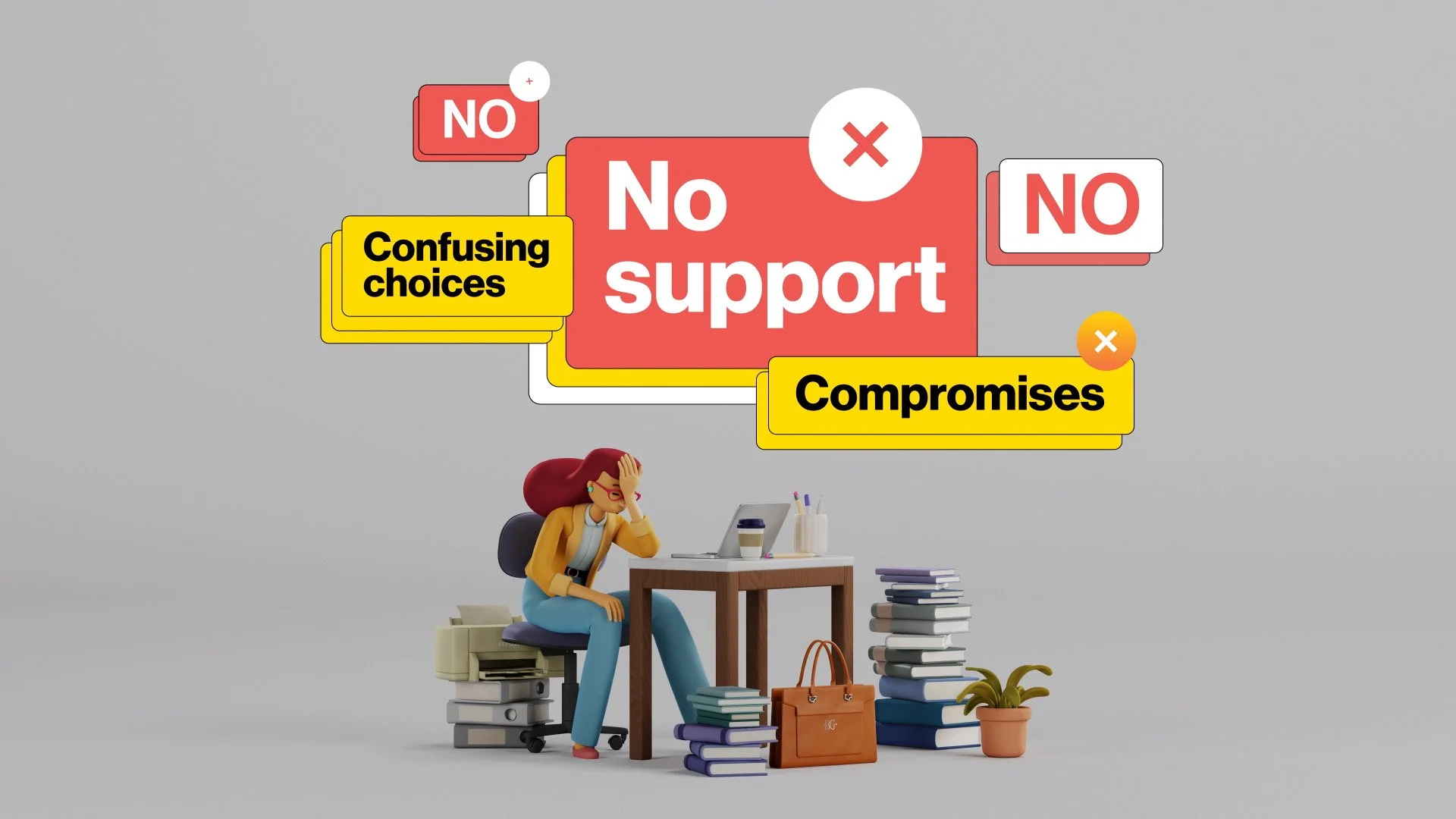 An animated woman sitting at a cluttered desk, appearing stressed, with a computer, stacks of books, and a plant, against a backdrop of a graphic with red and yellow boxes containing text about support, confusing choices, and compromises.