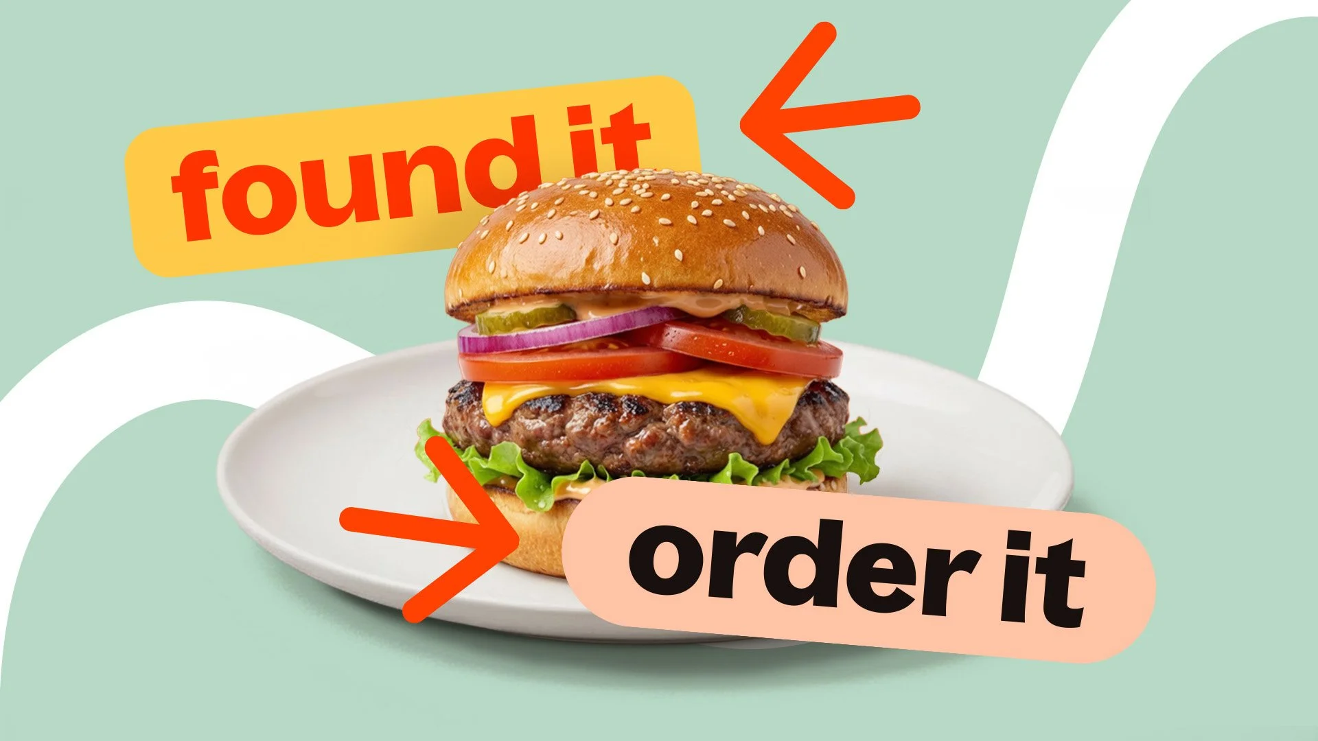 Close-up of a cheeseburger on a white plate, topped with lettuce, tomato, pickles, red onion, cheese, and a sesame seed bun, with overlay text and arrows indicating "found it" and "order it".