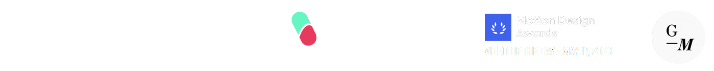 Collection of award logos and labels, including 'STASH', 'Good Moves', 'Motion Aid', 'PromaxBDA', 'Motion Design Awards', and 'G-M'.