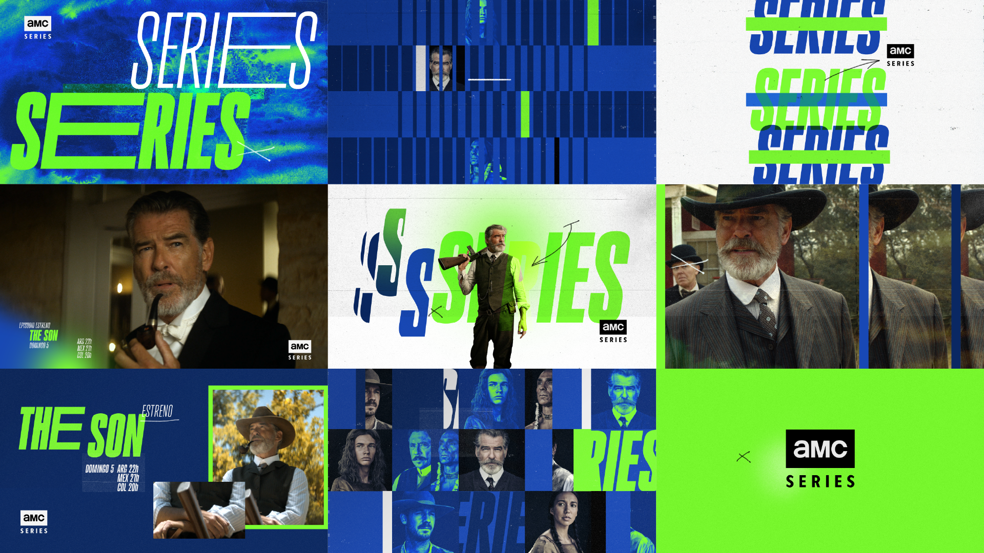 Collage of promotional images for the TV series 'The Son' featuring characters in period costumes, some with guns and smoking pipes, with the series title and AMC logo.