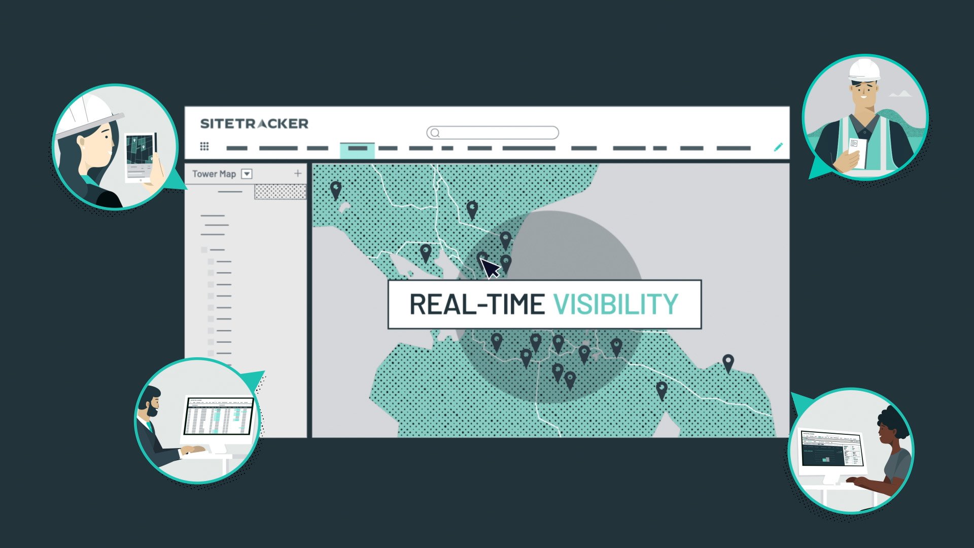 Sitetracker infrastructure animation visualizing GPS operations, network deployment and field management workflows.
