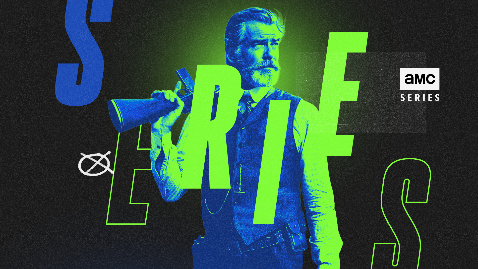 A stylized, digitally edited image of a man with a beard and slicked-back hair, wearing a vest and tie, holding a shotgun over his shoulder, with the word "RISE" in large green letters and "AMC SERIES" logo on the right.