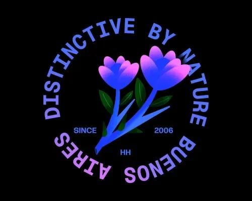 Purple and pink tulips with green leaves and stems, surrounded by the text "Distinctive by Nature" and "Always" in a circular pattern.