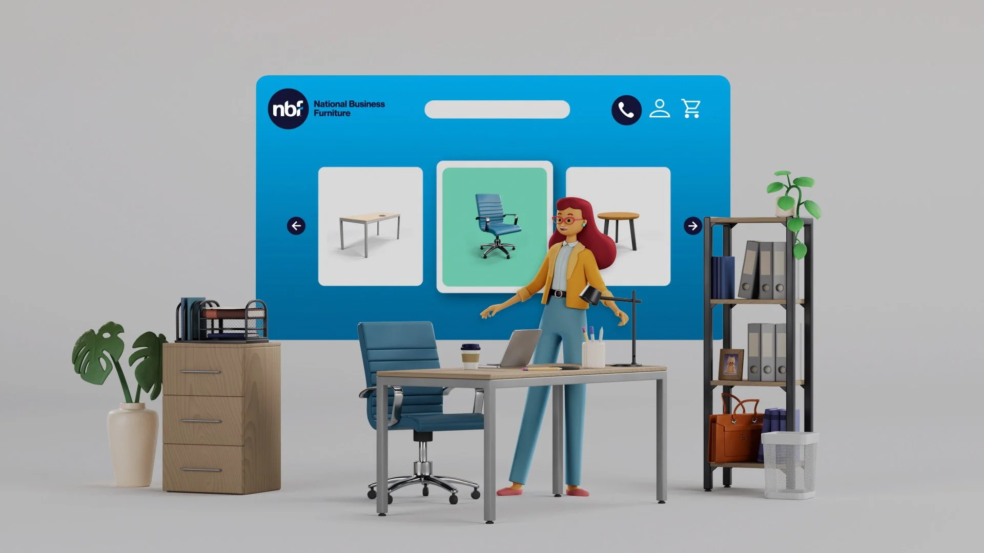 Animated illustration of a modern office with a woman at a desk, a large blue furniture catalog in the background, potted plants, a filing cabinet, a bookshelf with binders, a paper bag, and a white wastebasket.