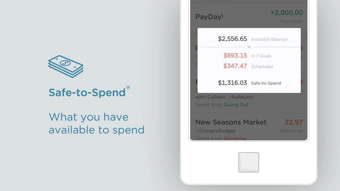 Simple fintech product animation showing Safe-to-Spend banking features and personal finance tools.