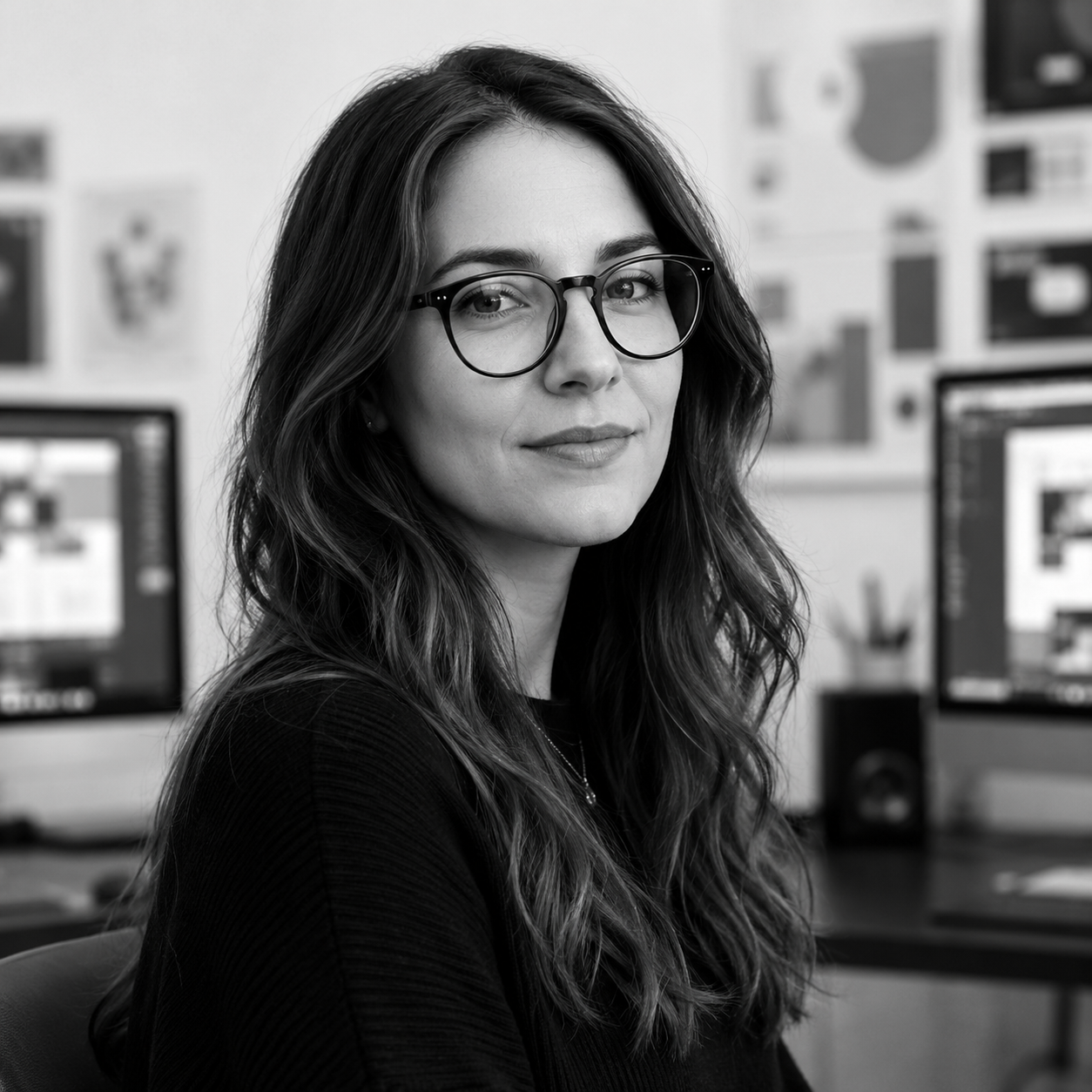 Black and white photograph of a young woman with long wavy hair and glasses, sitting at a desk with computer monitors in the background in an office setting.
