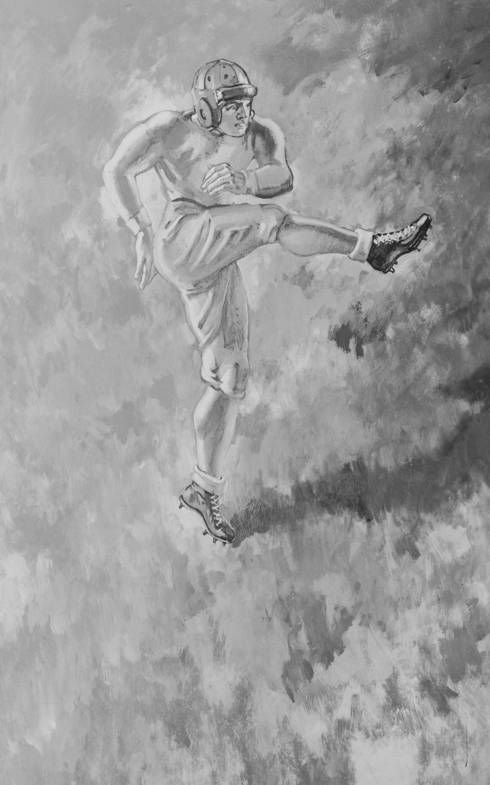 Black and white painting of a football player in a helmet, shorts, and cleats, performing a high kick on a grassy field.