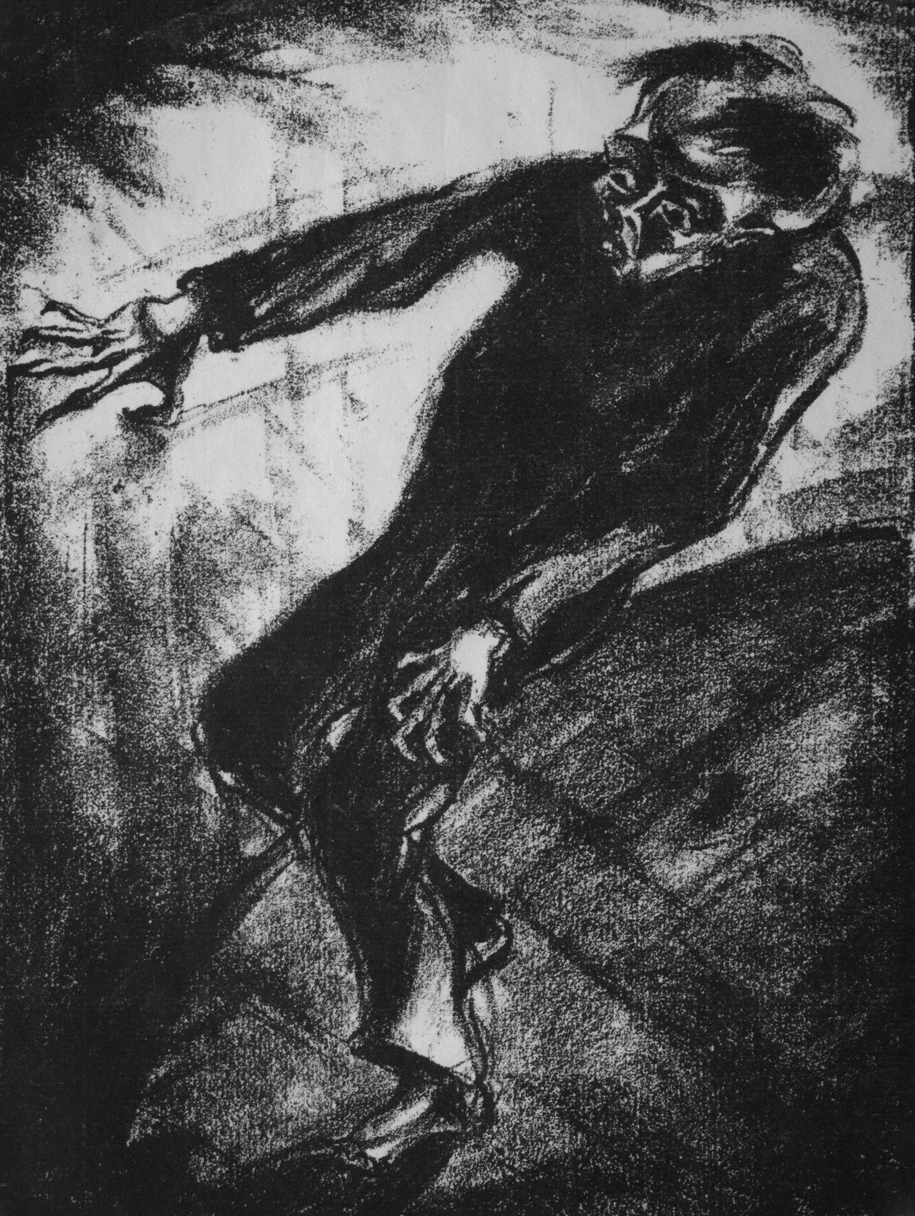 A black and white sketch of a woman with curly hair, wearing glasses, and resting her chin on her hand.
