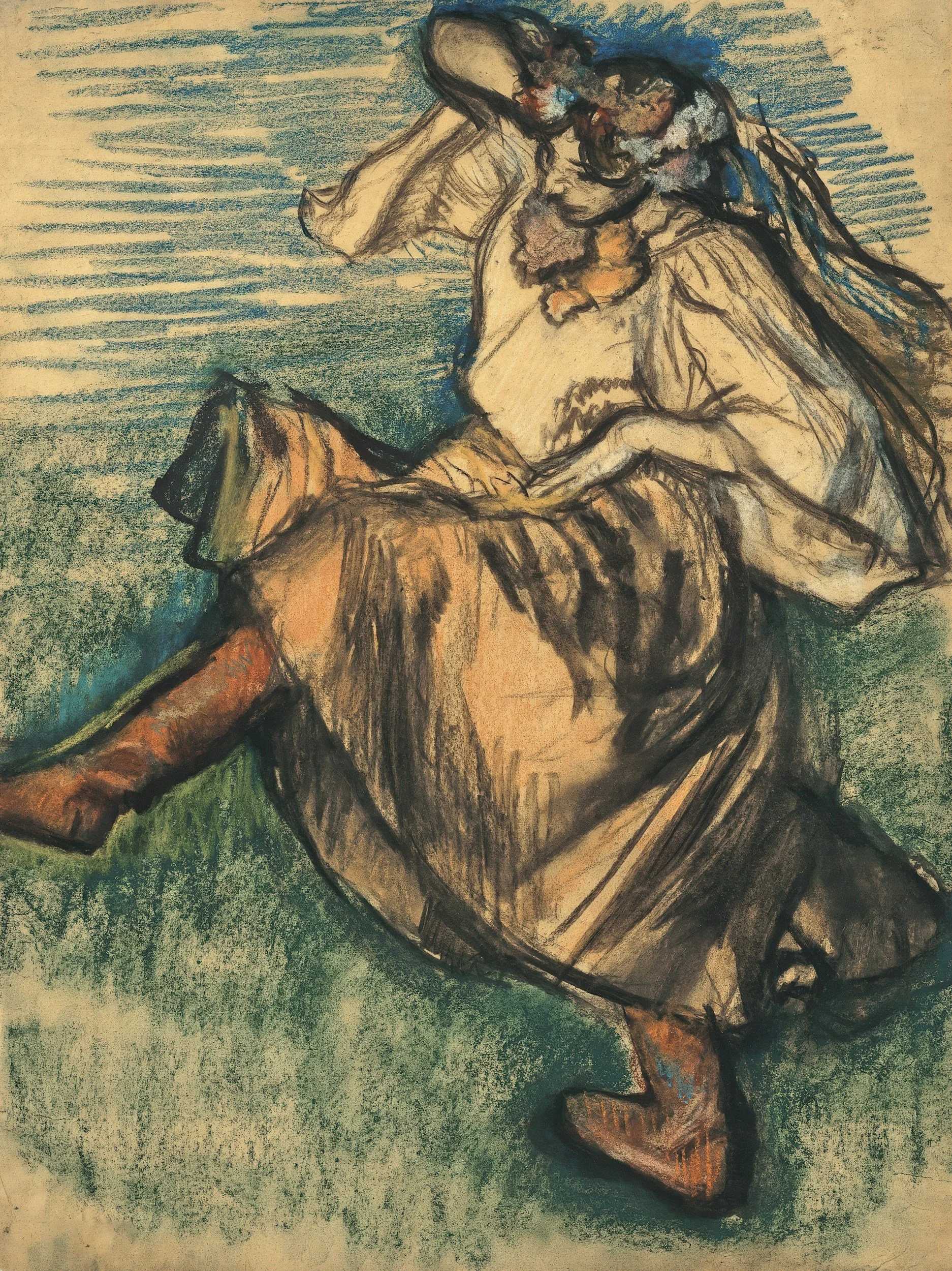 An abstract sketch of a person sitting with their head resting on their hand, with a background of horizontal blue strokes.