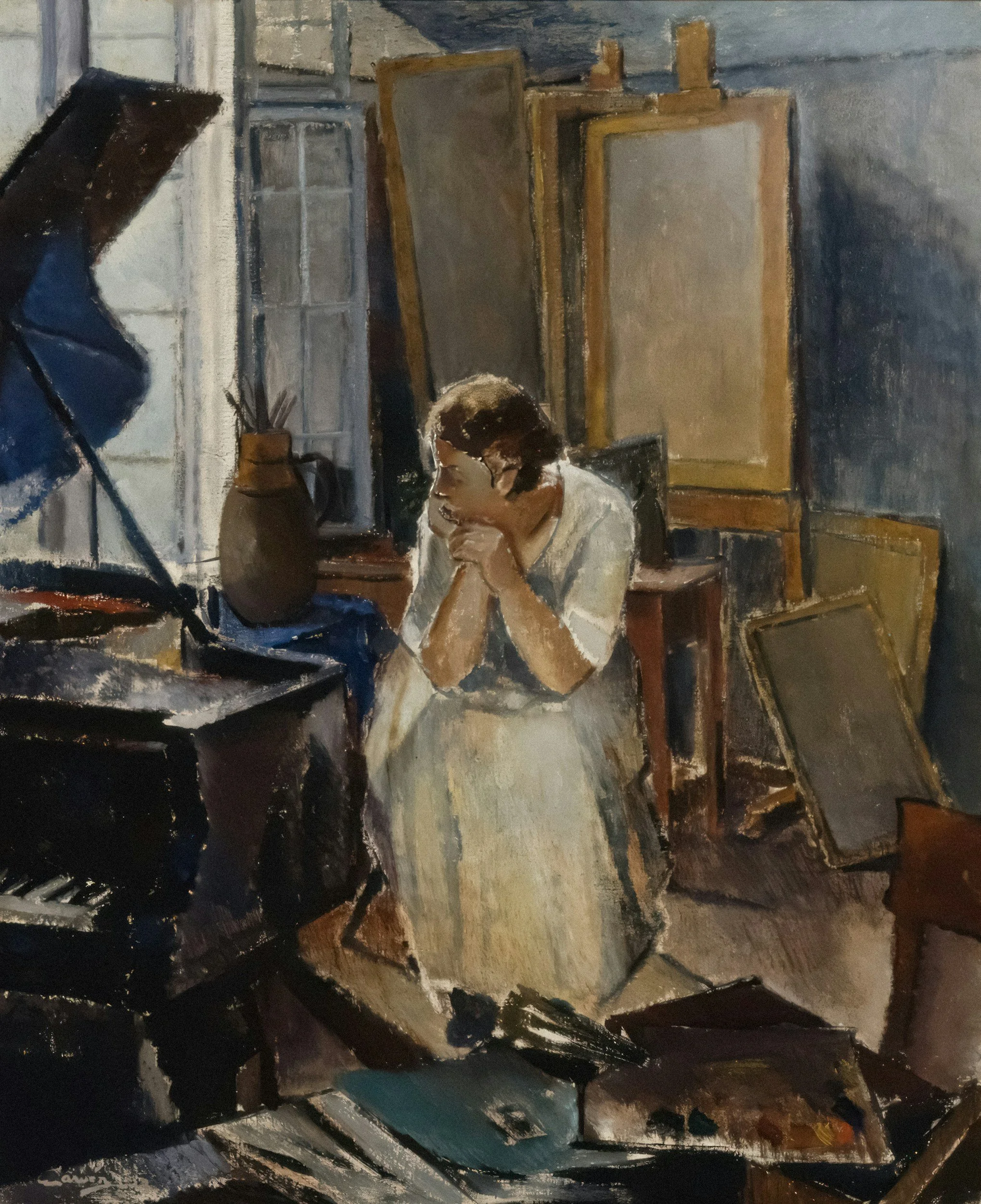 Painting of a woman with short brown hair wearing a white shirt, sitting at a desk, with bookshelves and a window in the background.