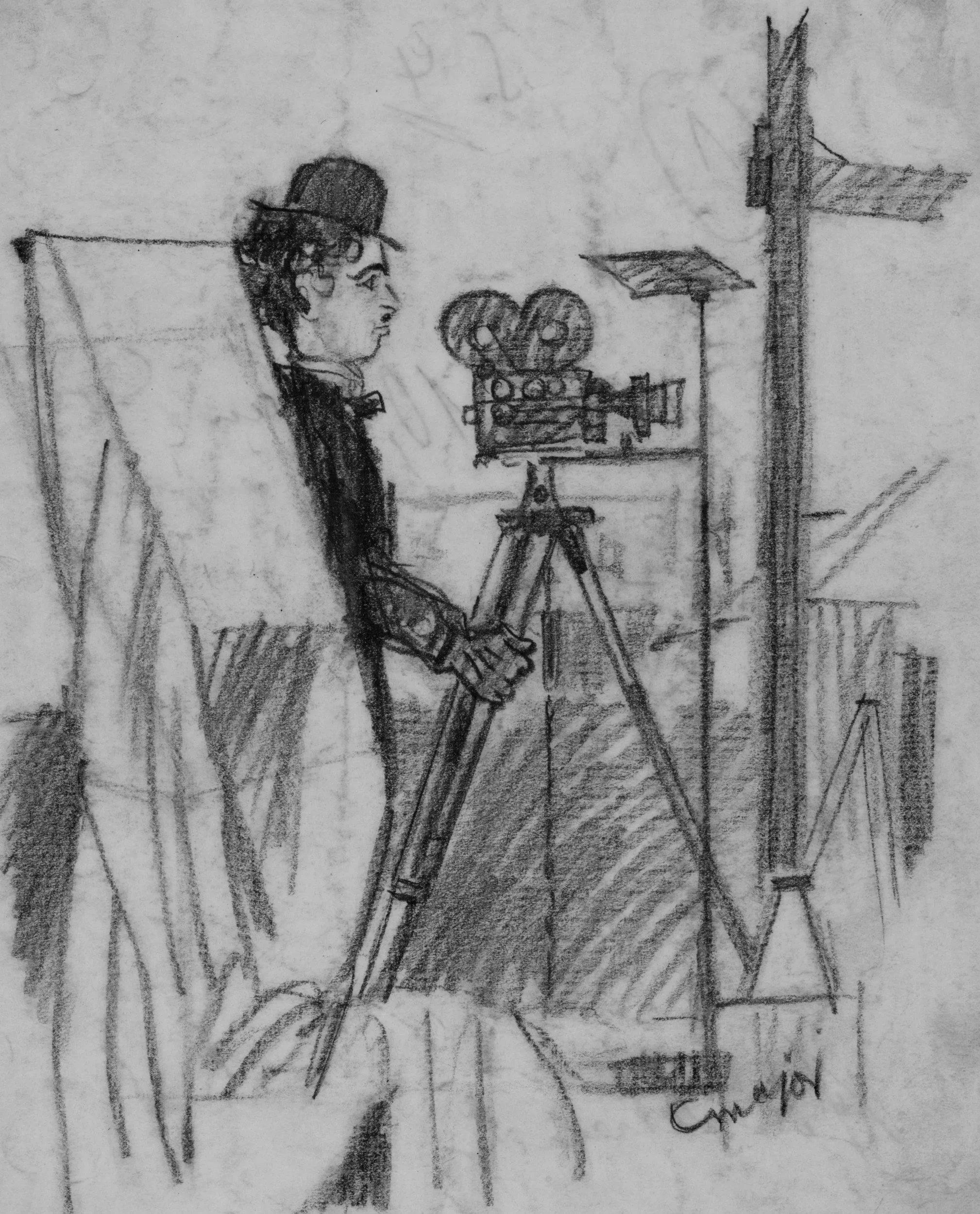 A pencil sketch of a person sitting in a director's chair, wearing a hat and glasses, surrounded by cameras and film equipment, with some handwritten notes or signatures at the bottom.