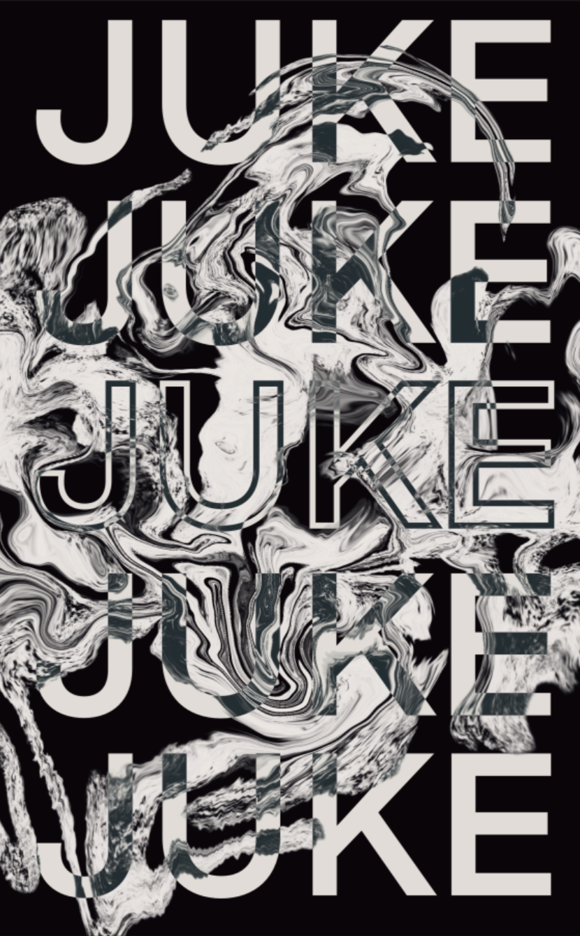 Text that says 'JUKE' over a black and white swirling abstract background.