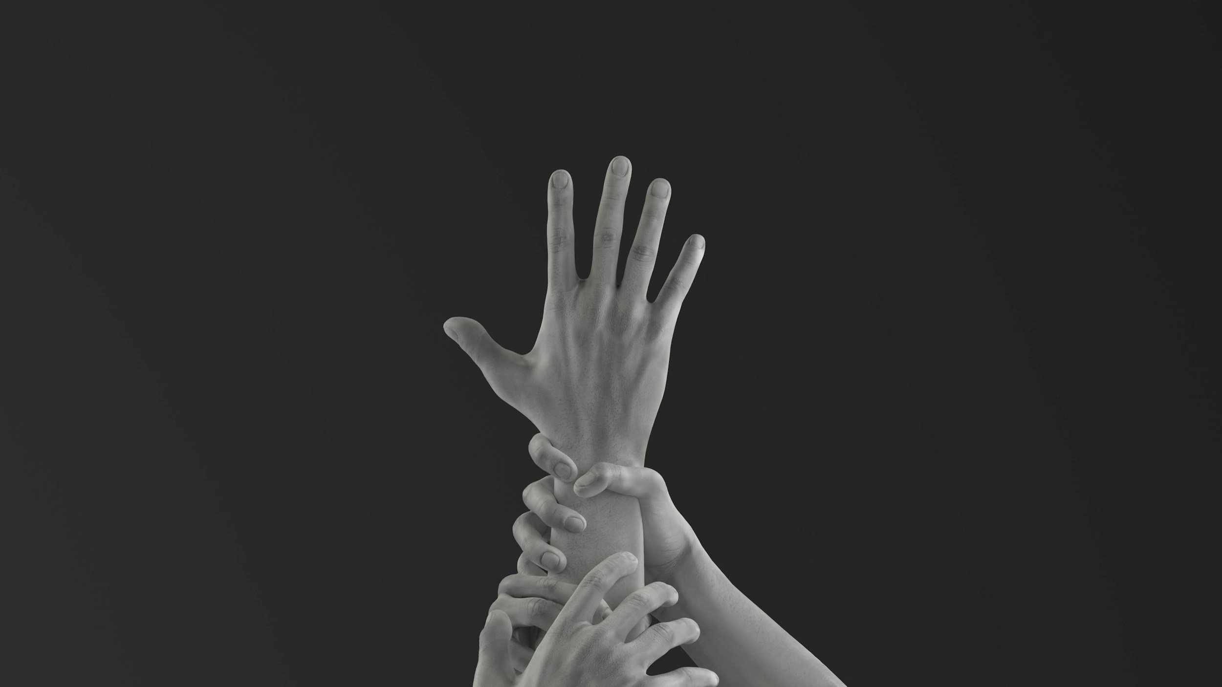Multiple hands reaching upward, with one hand in the foreground extending a finger and others gripping around the wrist.