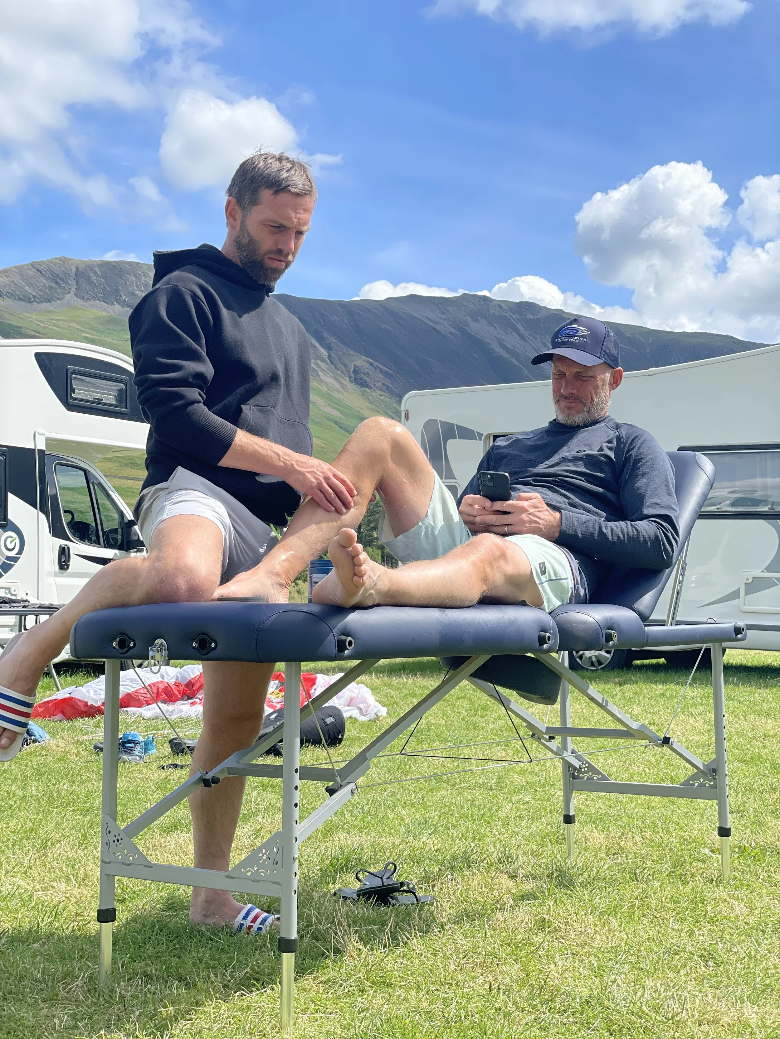 Peter Webb treating Wade Eastwood, in the lake district during a film project.