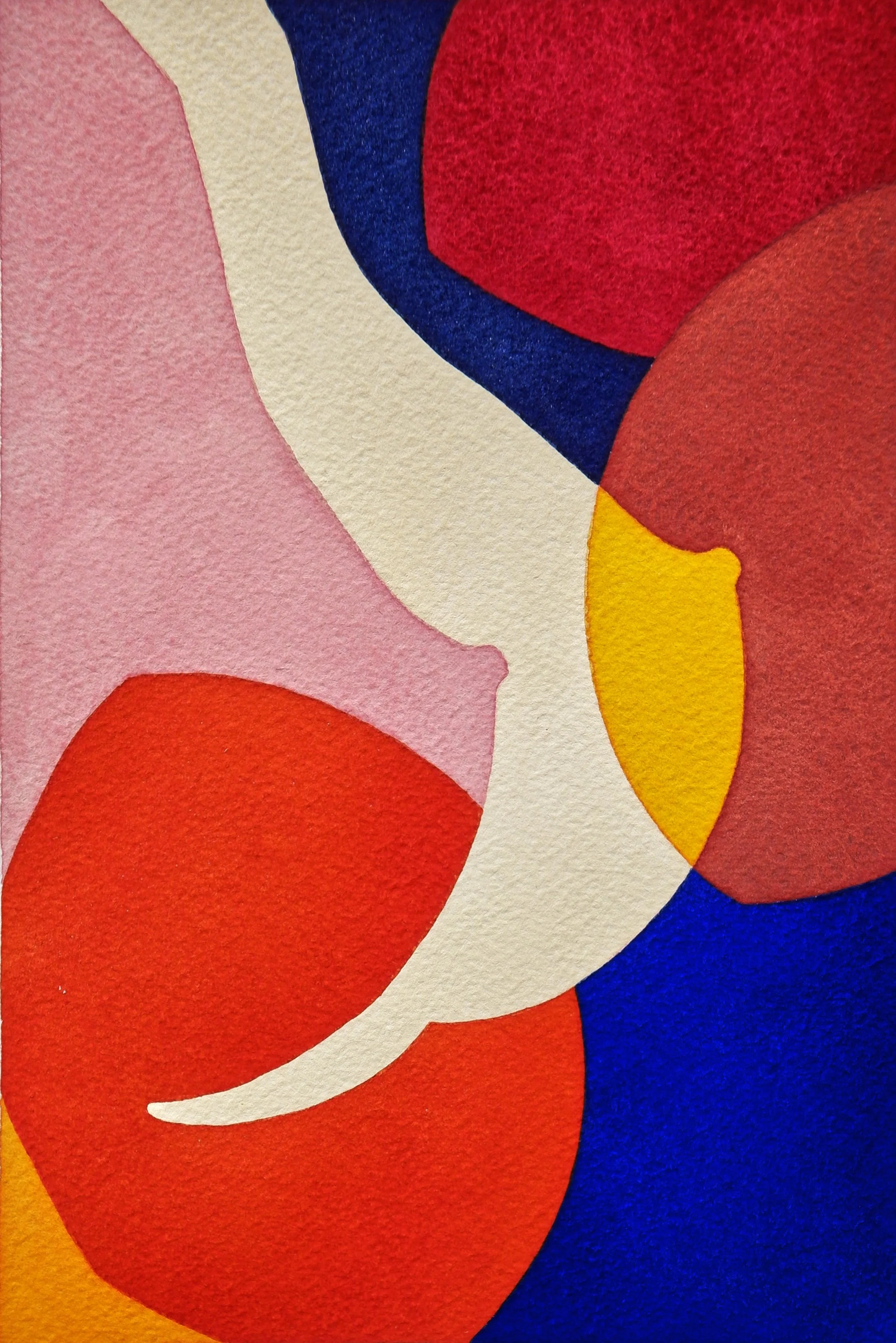 Une peinture abstraite avec des formes organiques en rouge, jaune, blanc, bleu et rose.