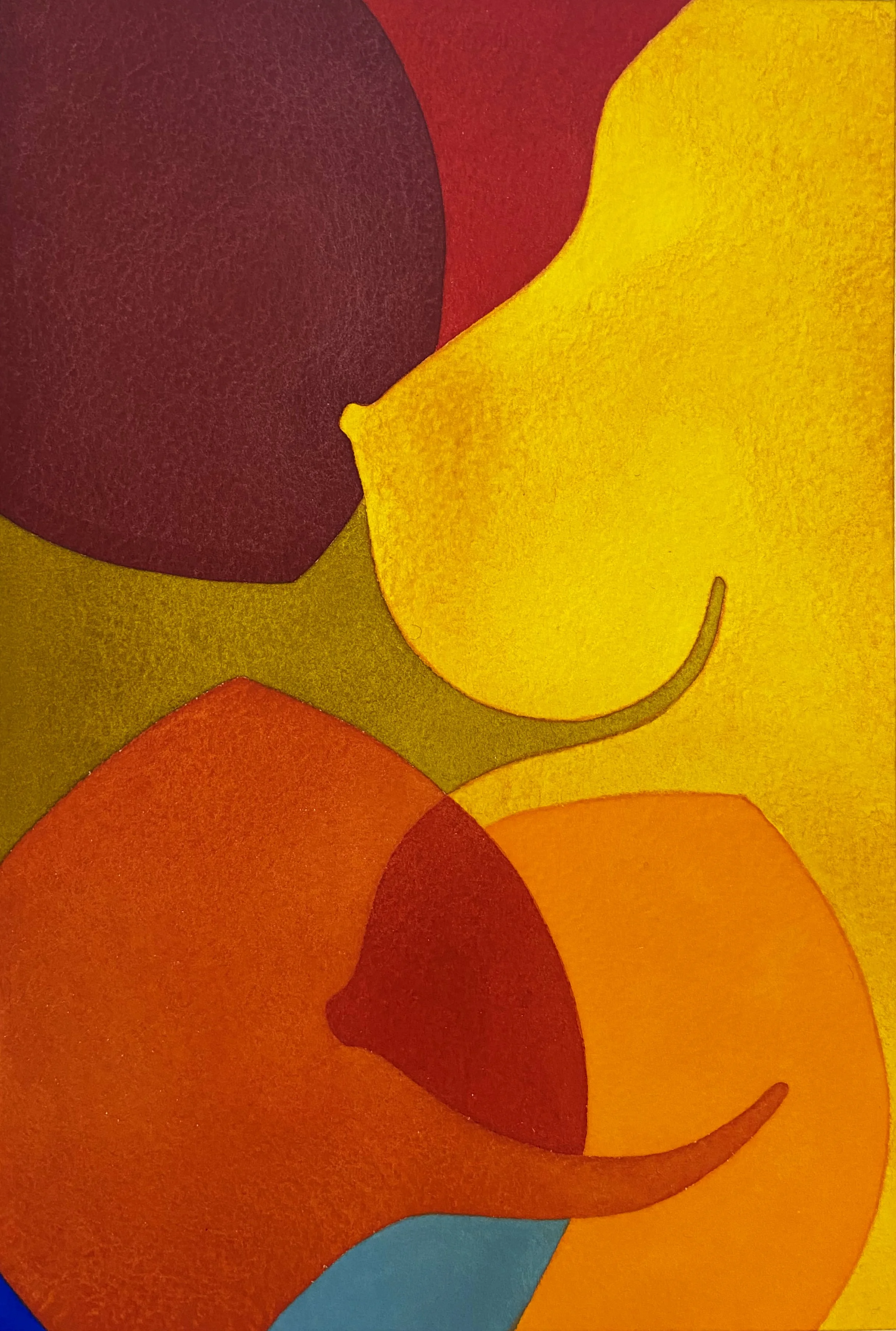 Une composition abstraite de formes arrondies en couleurs chaudes comme le rouge, l'orange et le jaune avec quelques touches de bleu.