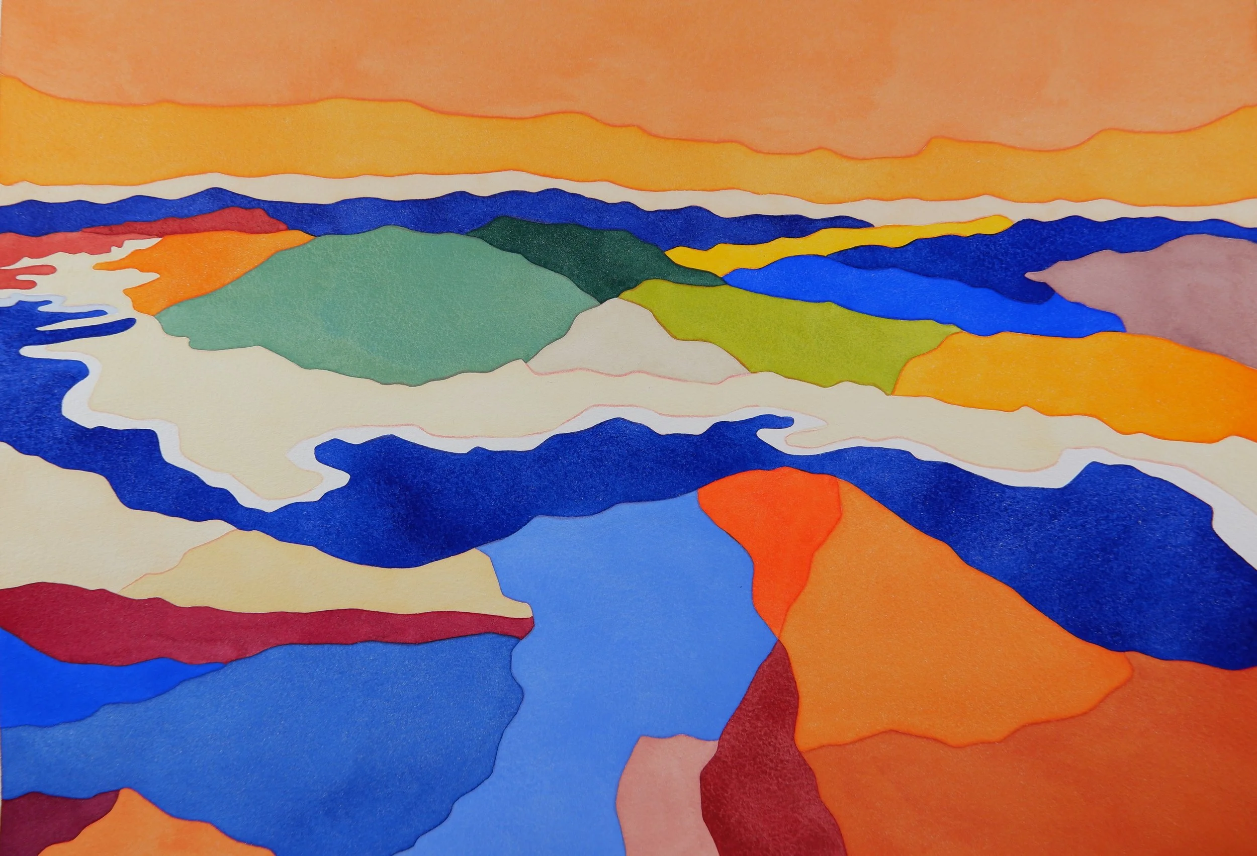 Tableau abstrait avec des formes colorées représentant un paysage stylisé, utilisant des couleurs vives comme le bleu, vert, orange, rouge et jaune.