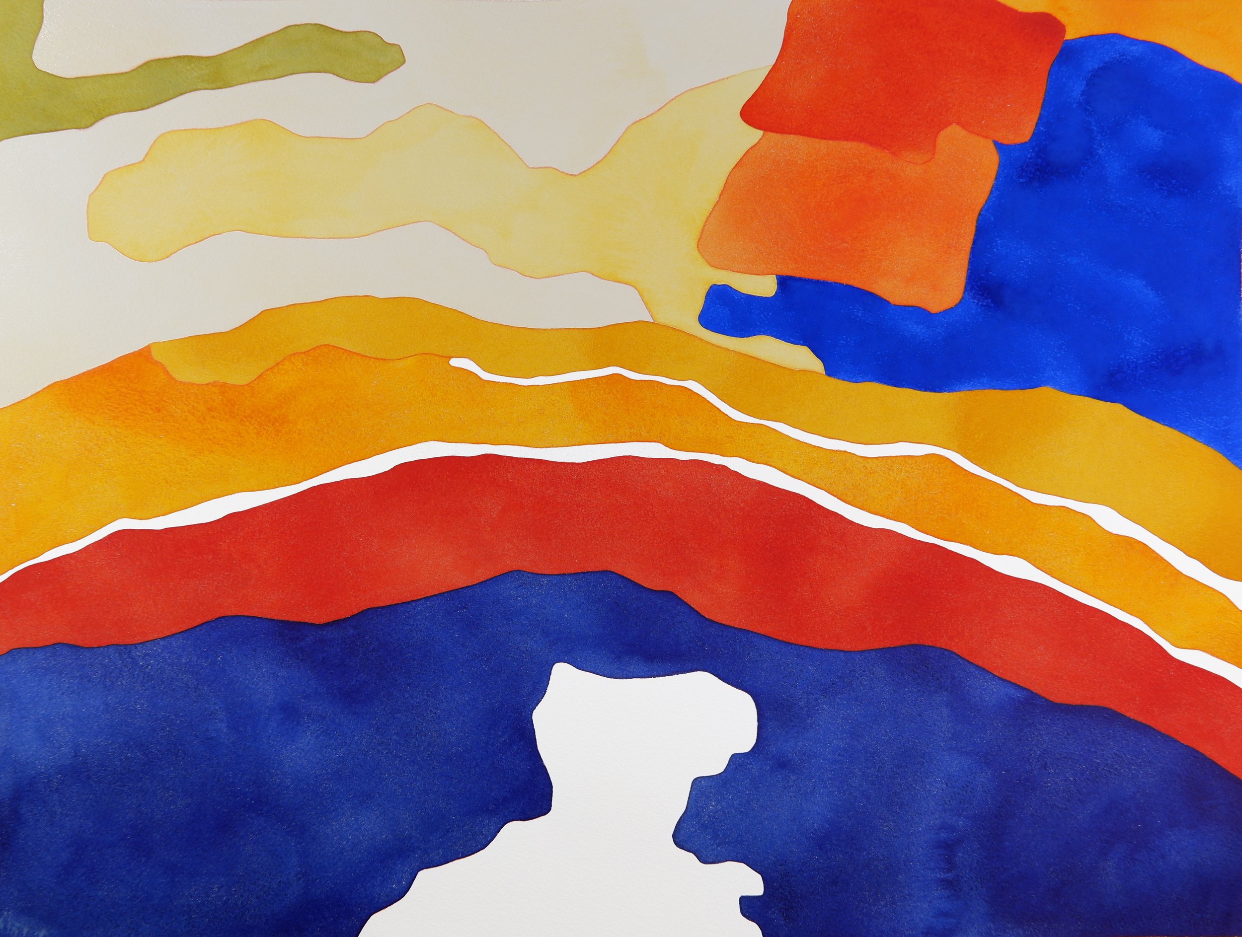 Un tableau abstrait avec des formes fluides colorées en jaune, orange, rouge, bleu et vert.