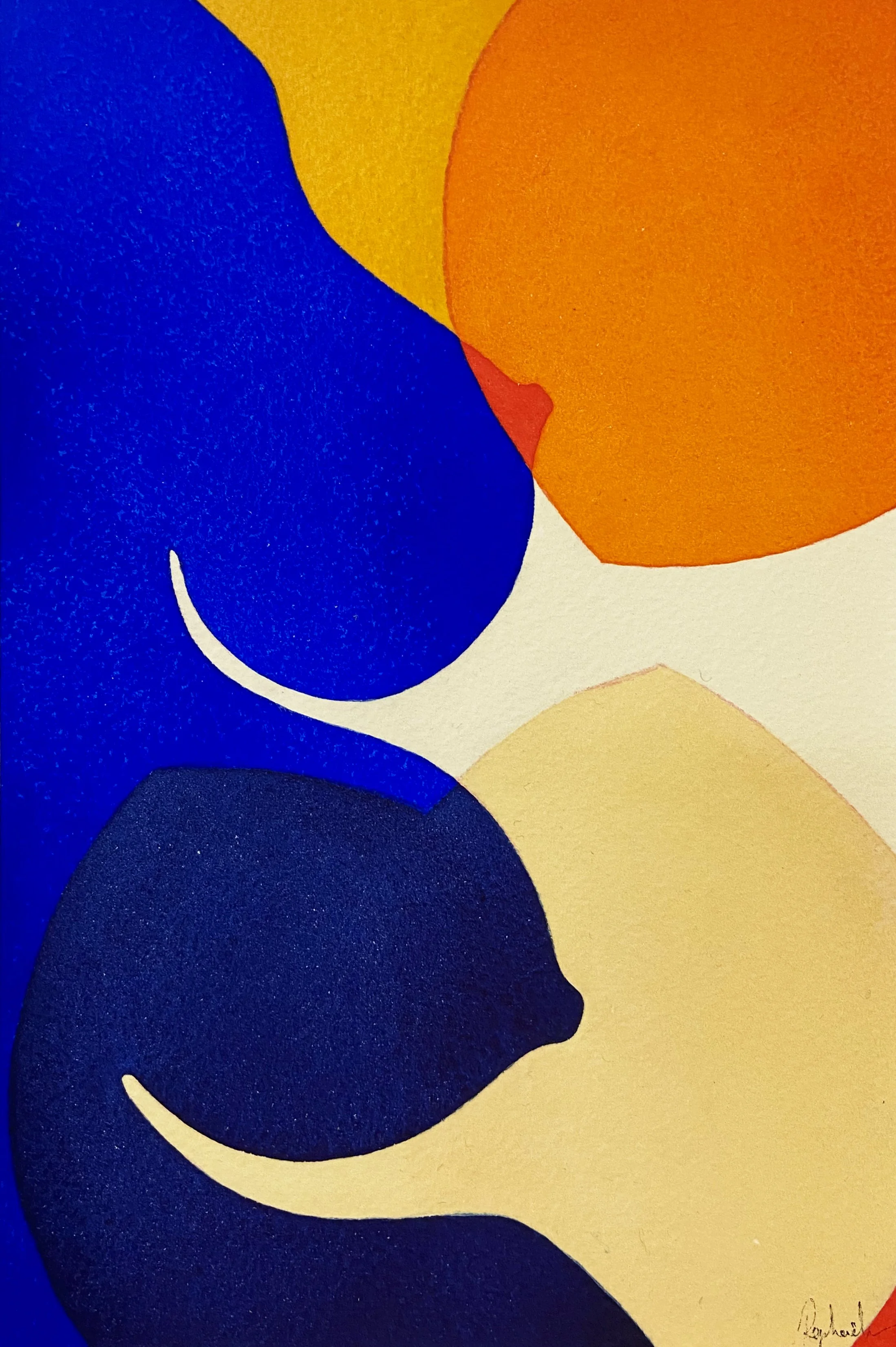 Une œuvre d'art abstraite avec des formes ovales et circulaires colorées en bleu, jaune, orange, rouge et beige.