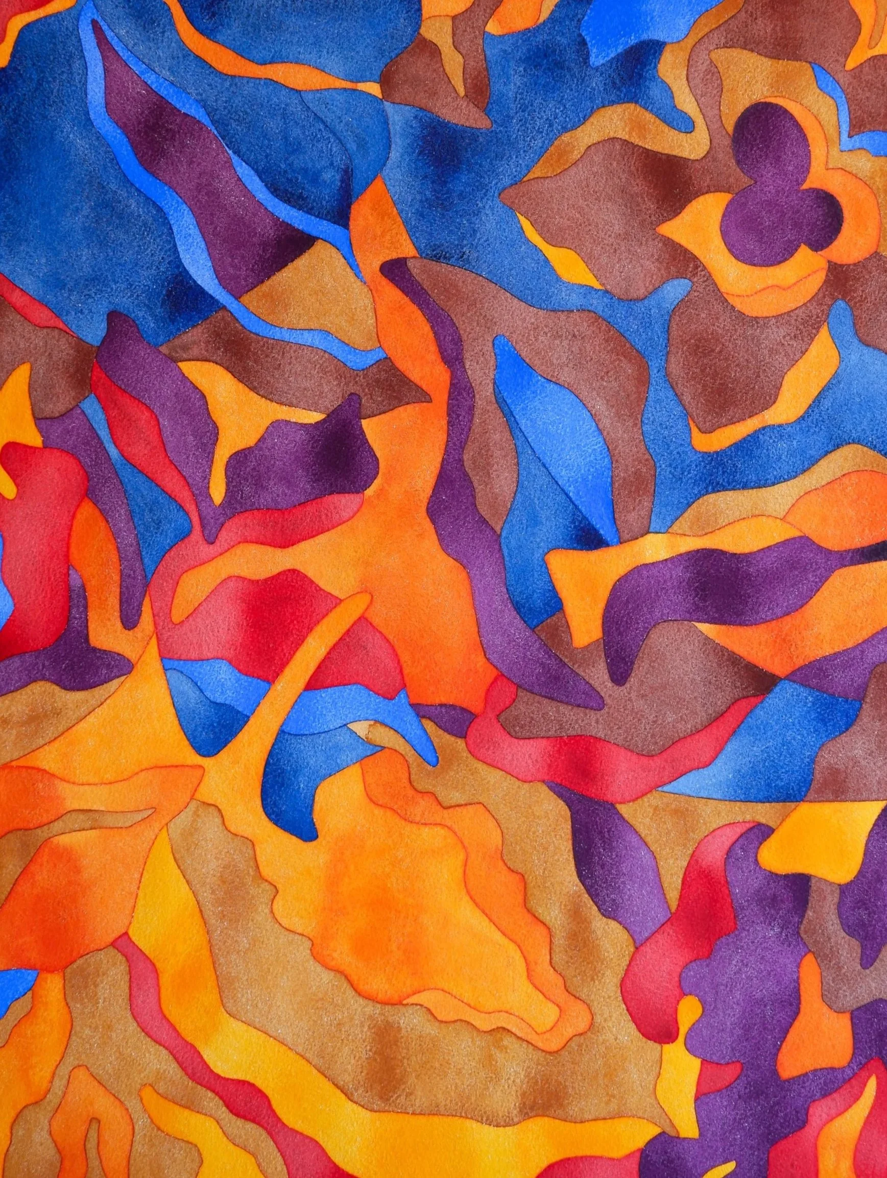 Une peinture abstraite aux couleurs vives avec des formes organiques orange, rouge, violet, bleu et marron.