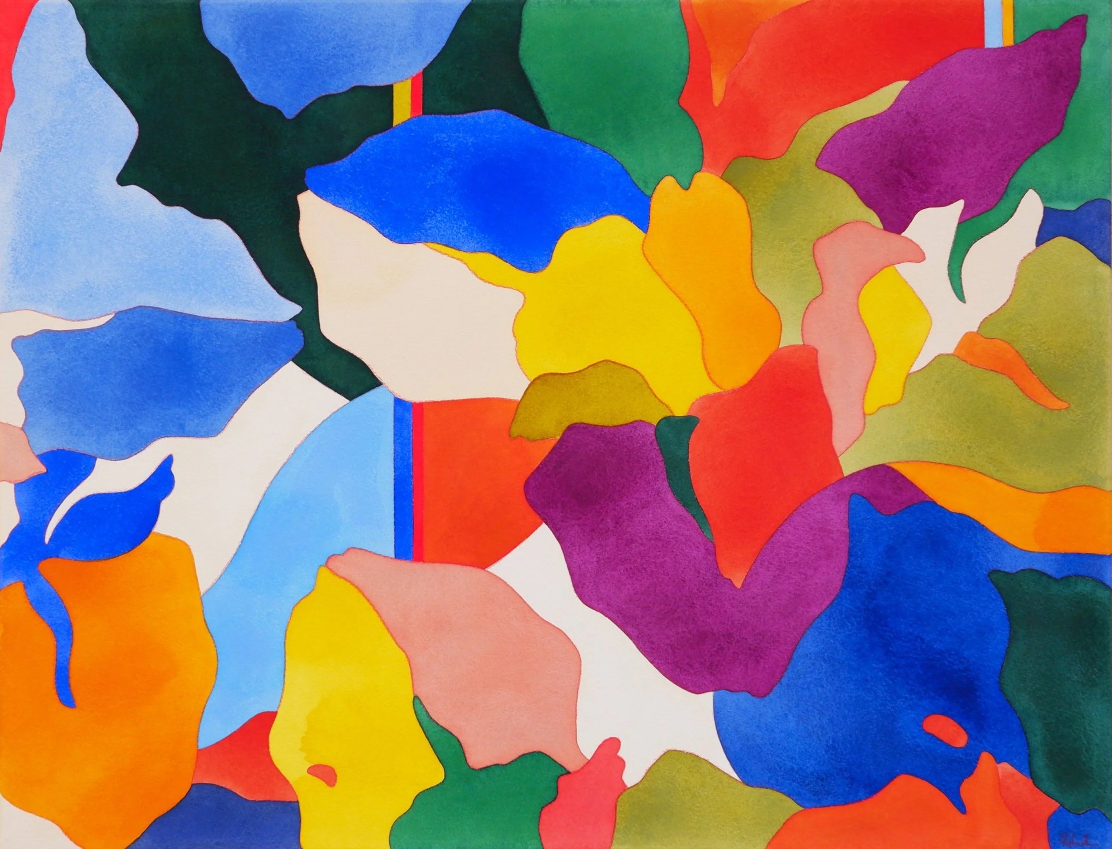 Une peinture abstraite avec des formes colorées en bleu, vert, rouge, orange, violet, jaune, rose, et blanc, sans motifs reconnaissables ou structures spécifiques.