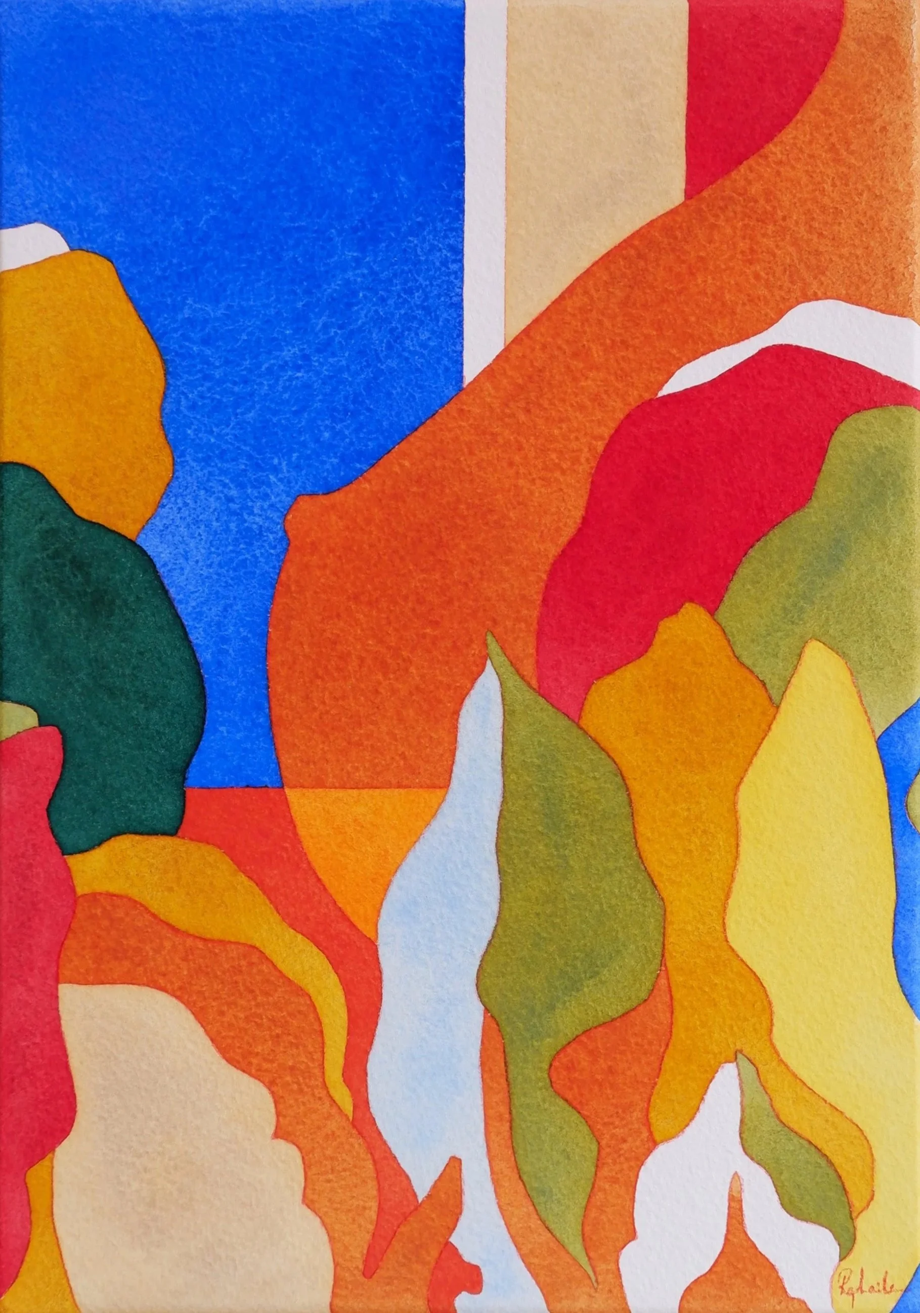 Une œuvre d'art abstraite aux formes organiques aux couleurs vives : bleu, orange, rouge, vert, jaune, et beige. Les formes semblent s'entrelacer de manière fluide et dynamique, avec des textures visibles dans la peinture.