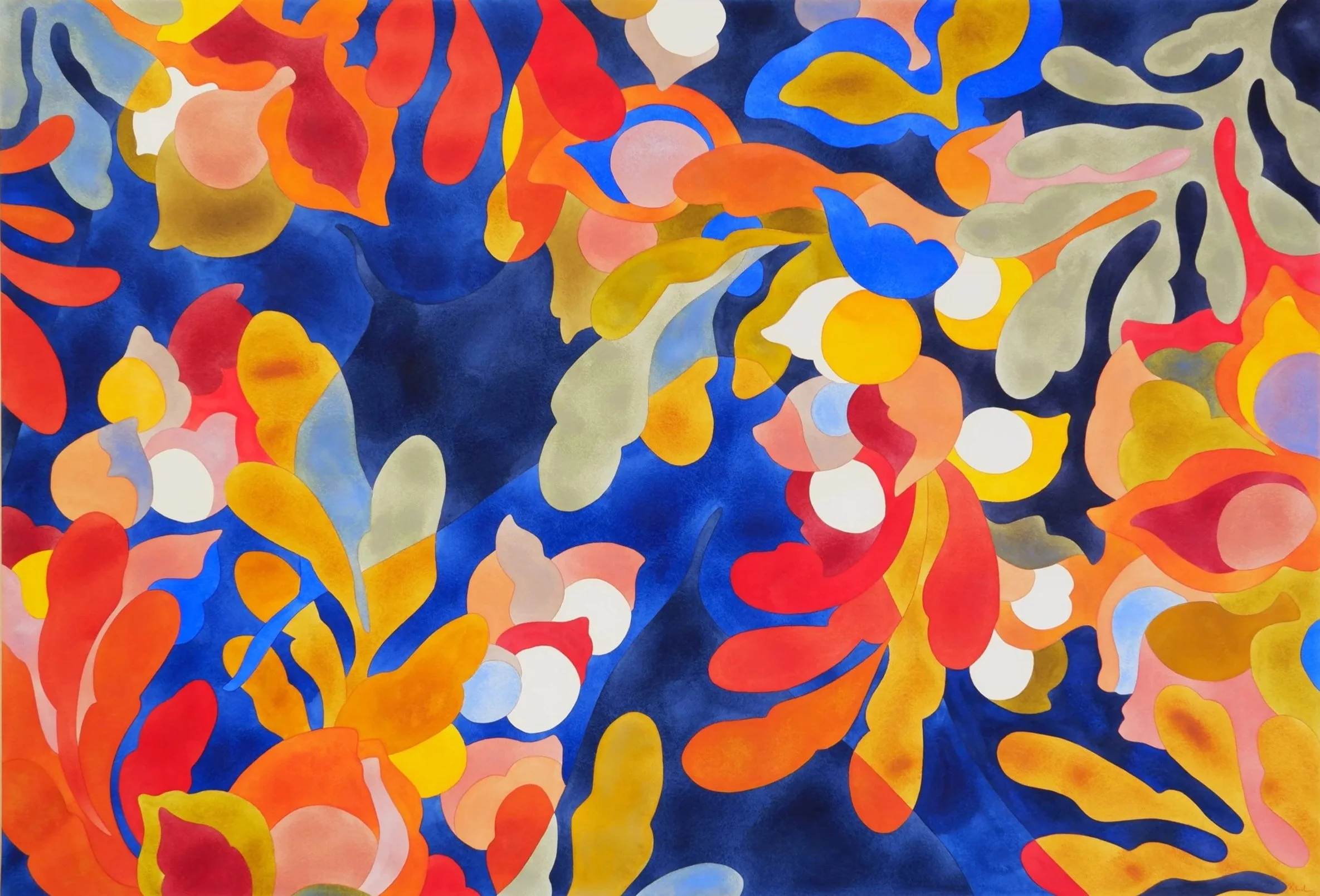 Une peinture abstraite avec des formes colorées en orange, jaune, bleu, rouge, rose, beige et gris sur un fond principalement bleu et rose.