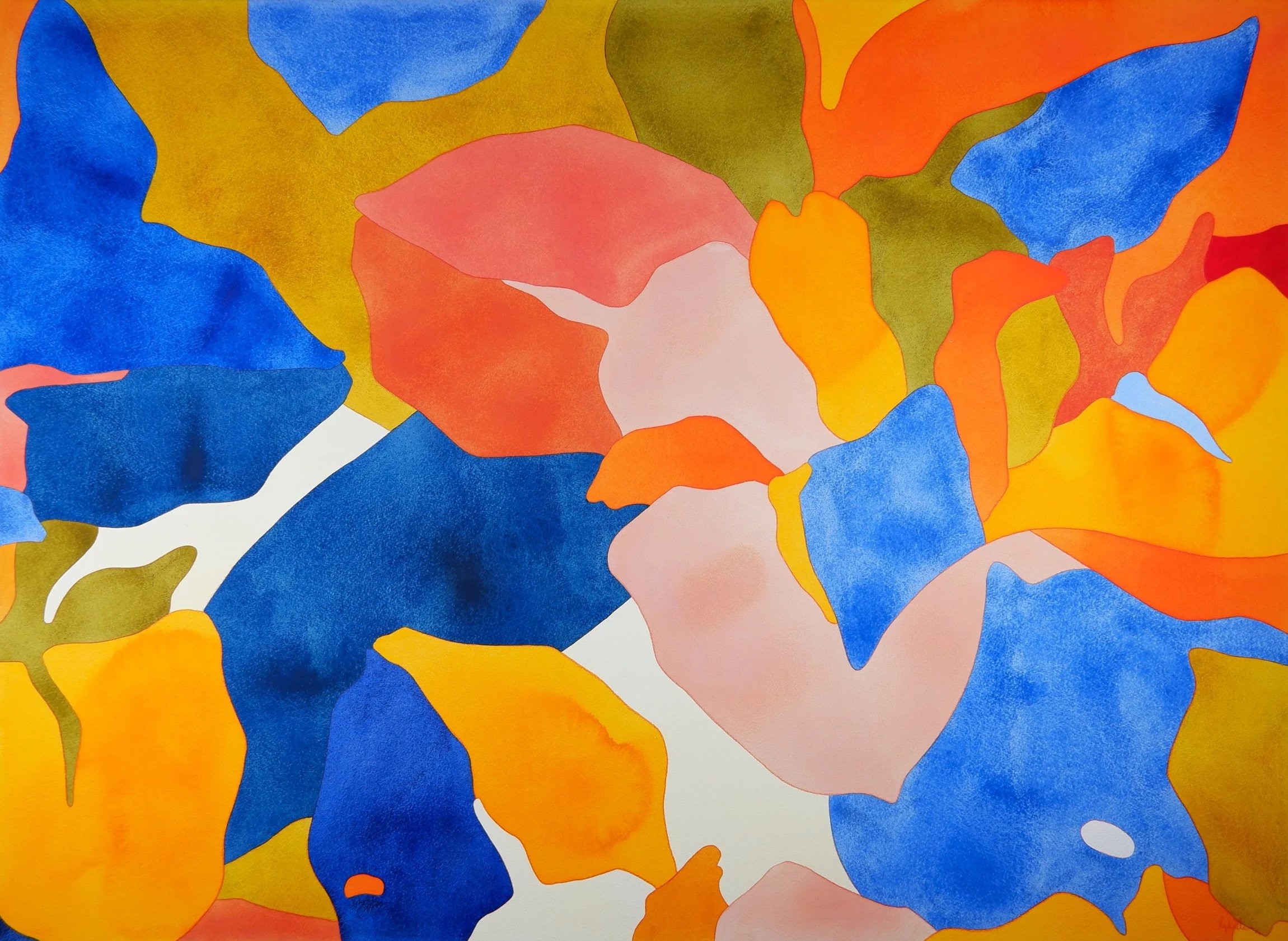 Une peinture abstraite avec des formes colorées en bleu, orange, vert, rose et blanc.