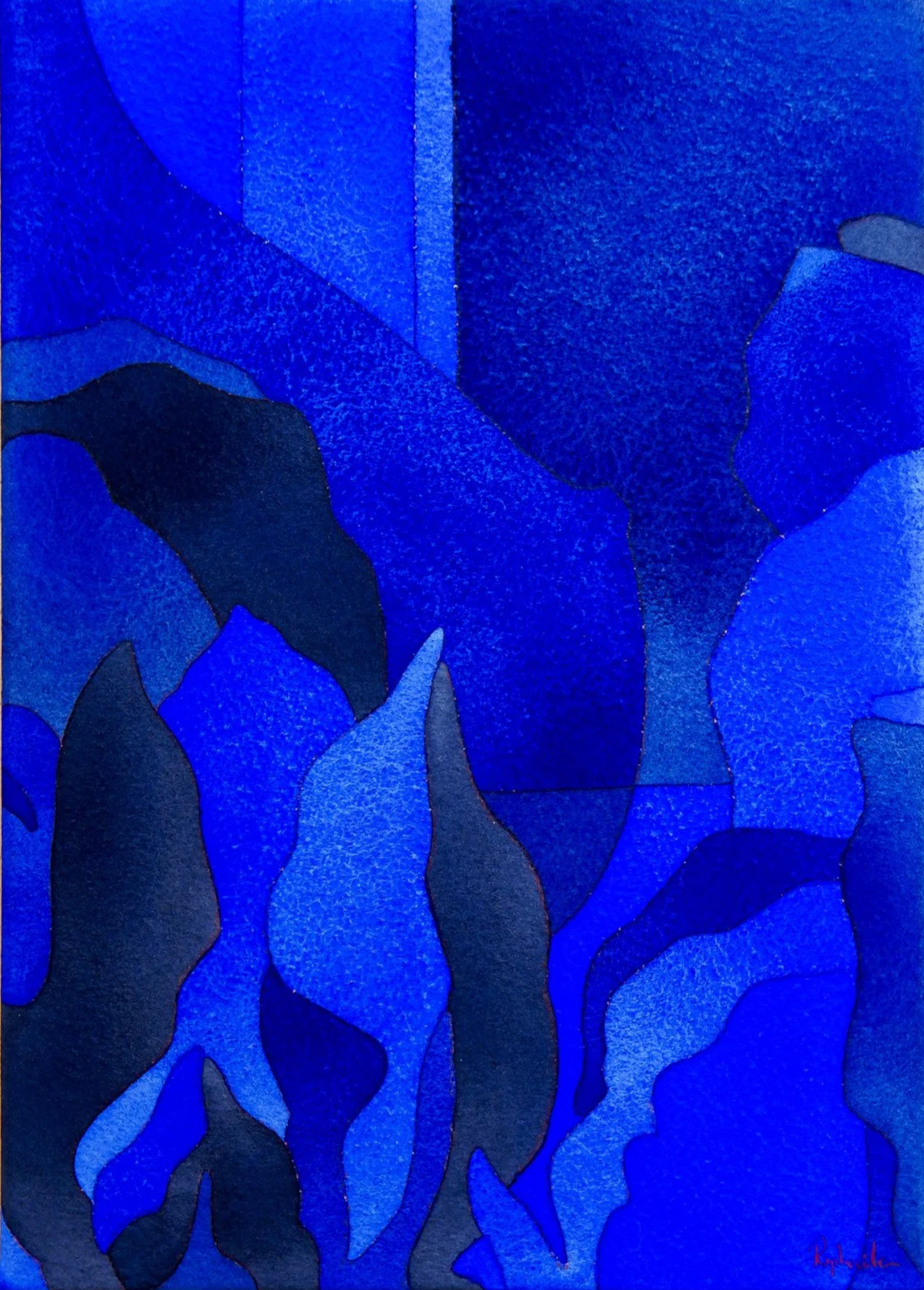 Une abstraction artistique composée de formes organiques dans des nuances de bleu, avec quelques touches de noir.