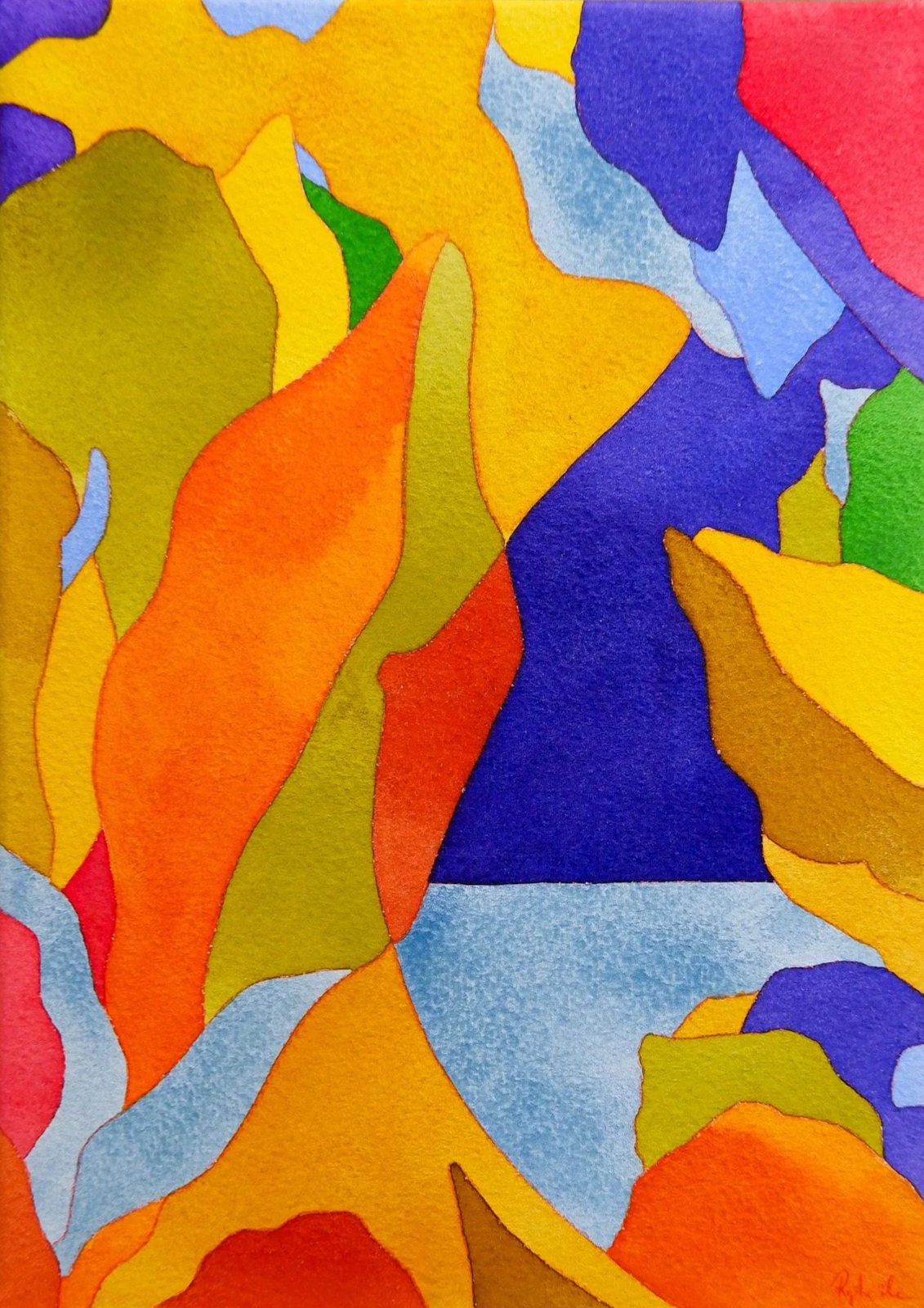 Une peinture abstraite avec des formes fluides et des couleurs vives comme le jaune, l'orange, le bleu, le vert et le violet.
