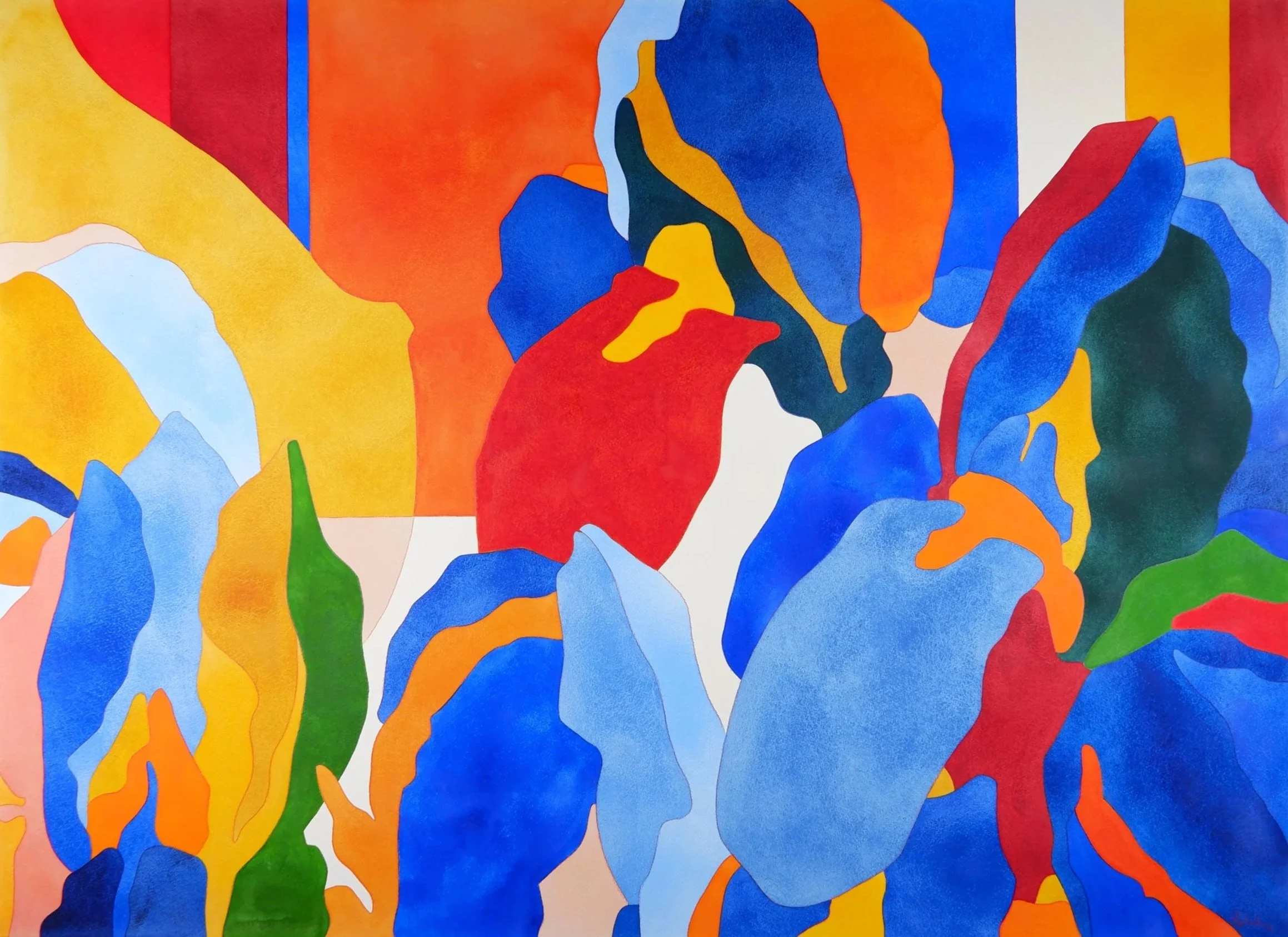 Abstraction avec des formes colorées en bleu, orange, rouge, vert, jaune, blanc et noir.