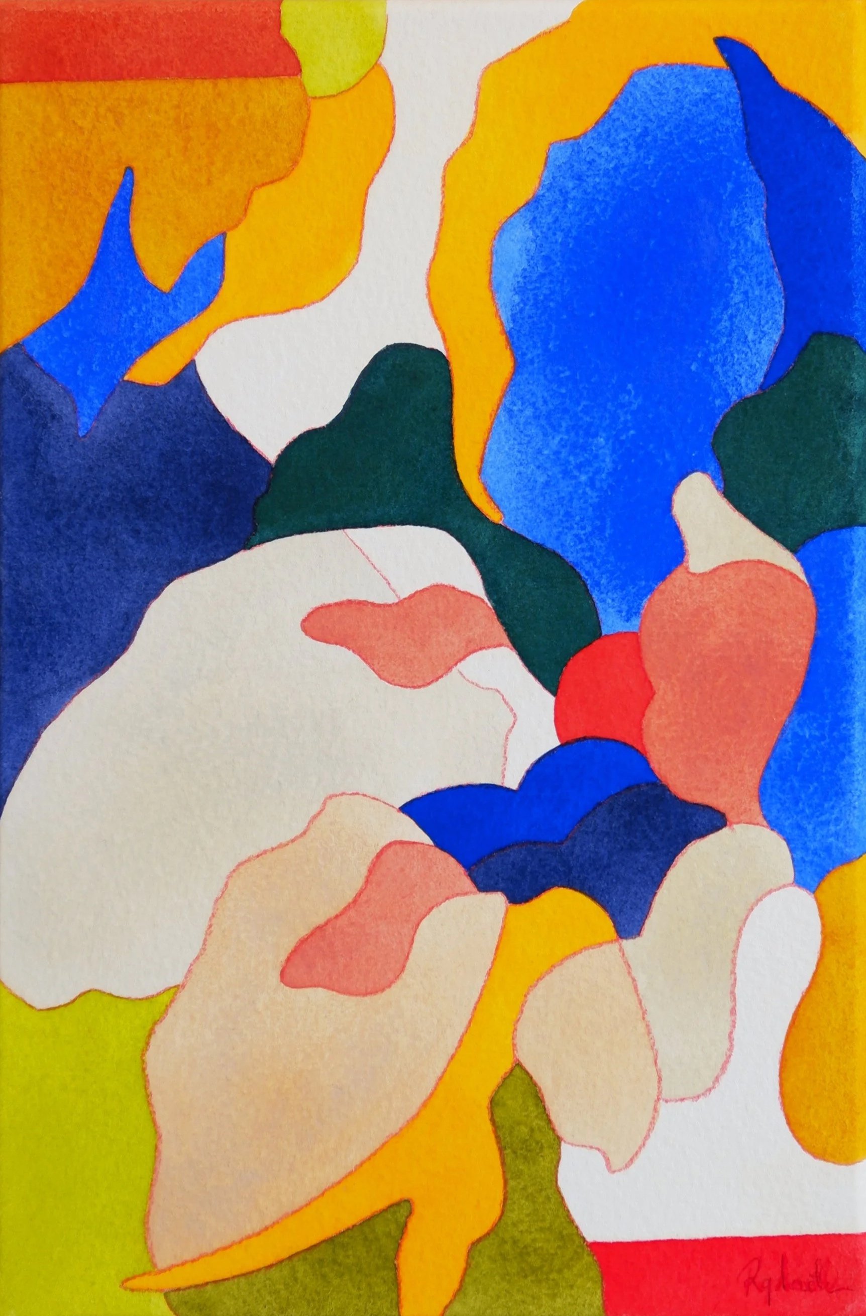 Une peinture abstraite avec des formes organiques colorées en bleu, orange, vert, blanc, et rouge, avec des contours rouges fins. Signature en bas à droite : R. Ghelianchi.
