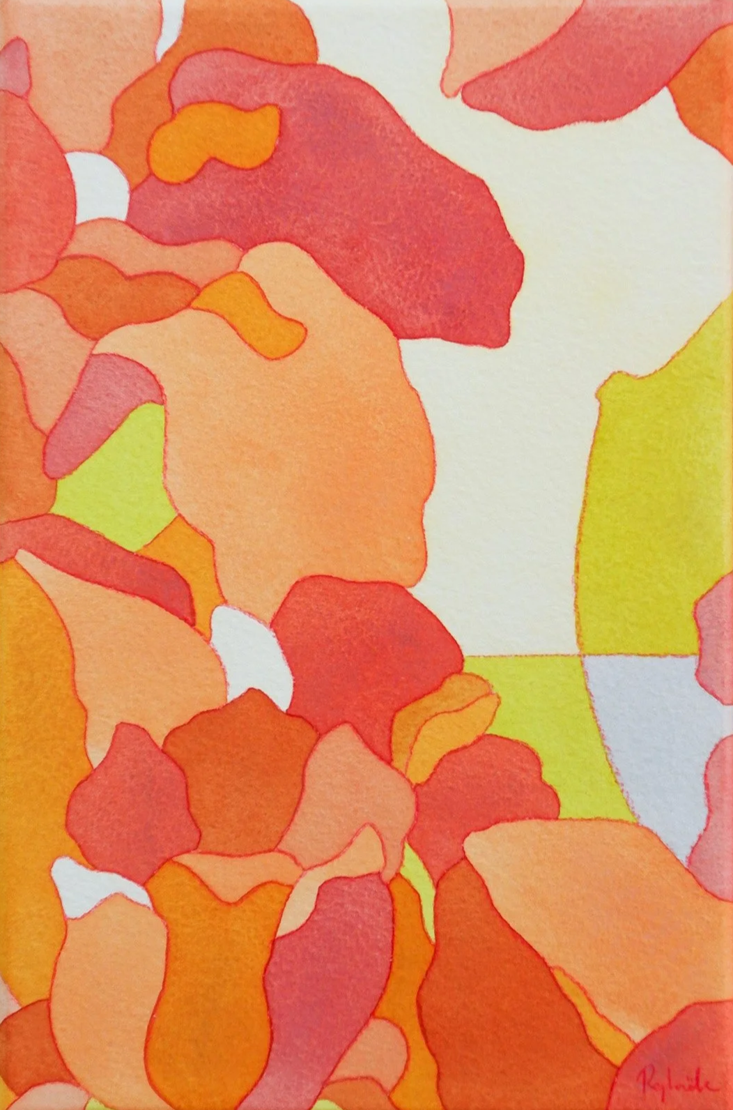 Une peinture abstraite composée de formes florales en couleurs chaudes comme le rouge, l'orange, le rose et le jaune, avec des contours fins rouges ou orange, et une signature en bas à droite.