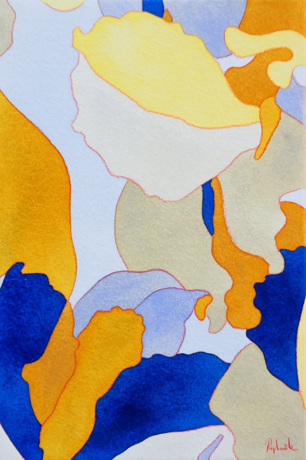Une peinture abstraite avec des formes organiques en couleurs jaune, orange, bleu, beige et blanc.