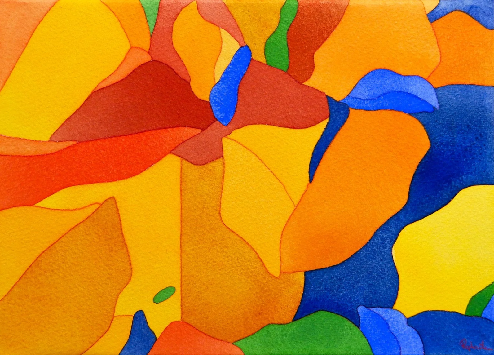 Une peinture abstraite avec des formes organiques de couleurs chaudes comme l'orange, le rouge, le jaune, et des touches de vert et de bleu.
