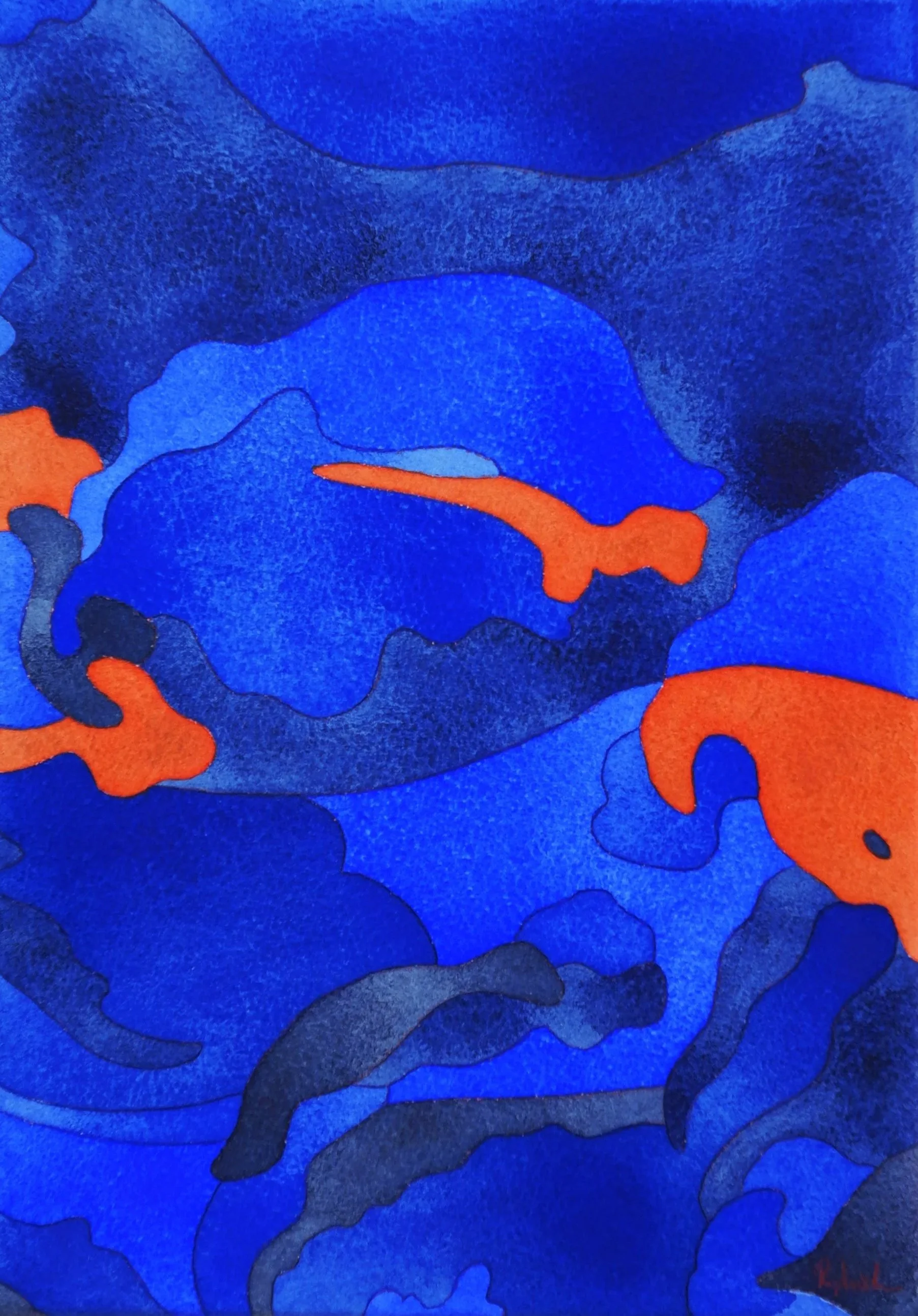 Peinture abstraite avec des formes organiques en nuances de bleu et quelques touches d'orange.