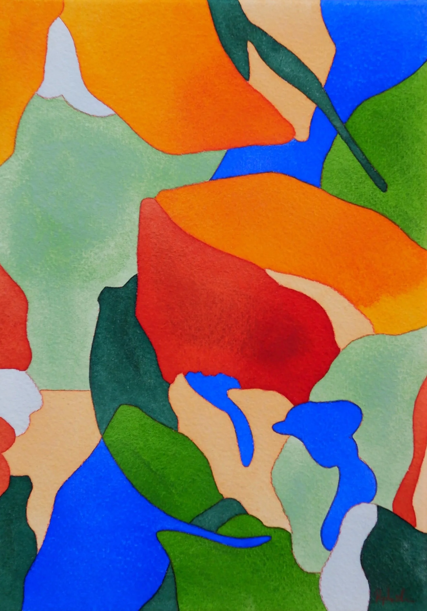 Une peinture abstraite avec des formes colorées en orange, vert, bleu, blanc et beige.
