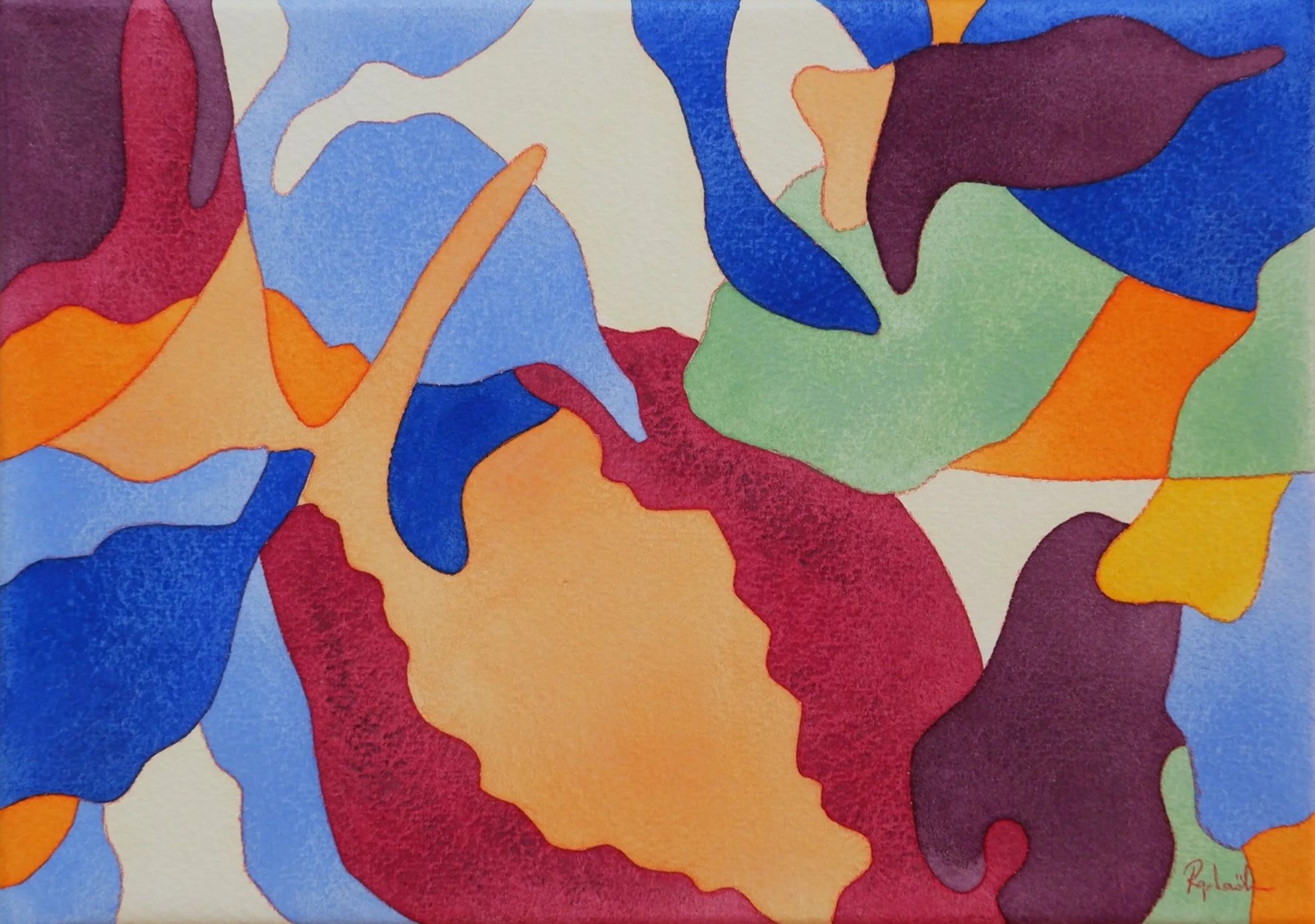 Une œuvre d'art abstraite avec des formes colorées et des contours flous, comportant des couleurs telles que le bleu, le rouge, le vert, le jaune et le violet.
