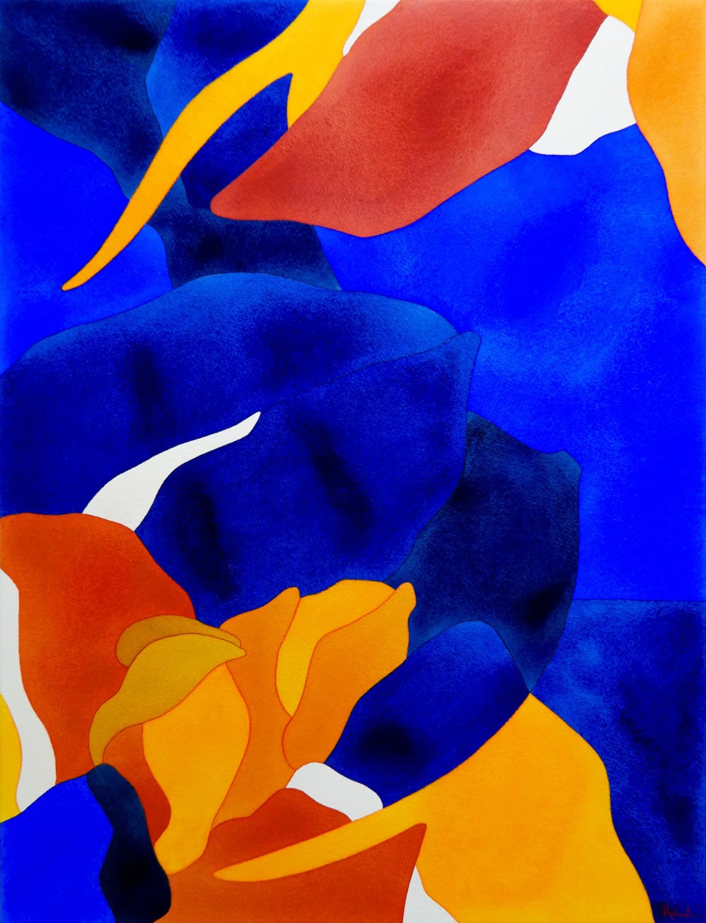 Une peinture abstraite avec des formes colorées en bleu, orange, rouge, blanc et jaune.