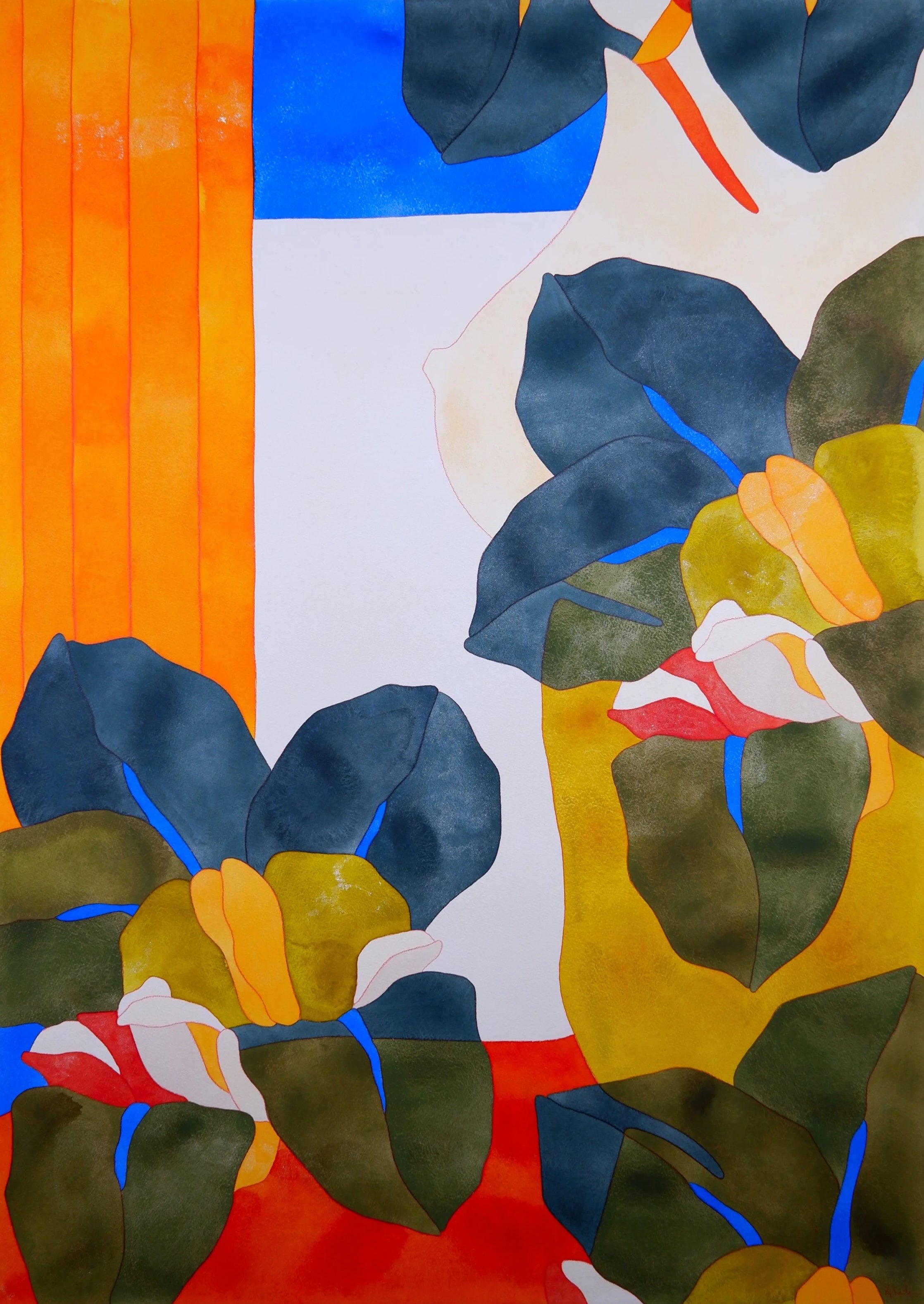 Peinture abstraite avec des feuilles vertes, des accents bleus, rouges, jaunes et oranges, représentant un style artistique moderne.