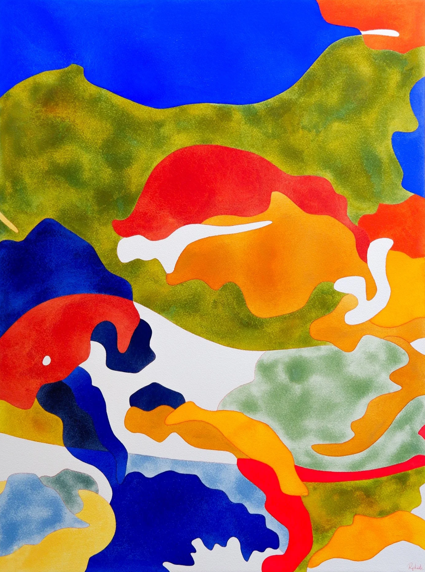 Une peinture abstraite avec des formes fluides de couleurs vives comme le rouge, le bleu, le vert, l'orange, le jaune, et le blanc, mélangeant harmonieusement sur un fond blanc.