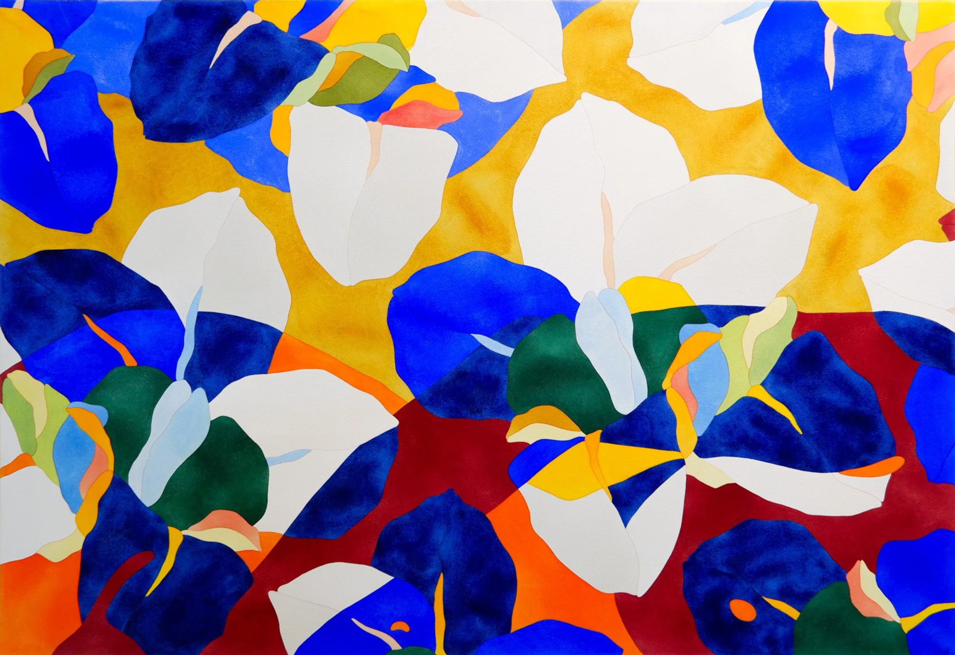 Une peinture abstraite avec des formes colorées bleues, vertes, jaunes, oranges, rouges et blanches, ressemblant à un mélange de fleurs ou de pétales dans un style moderne.