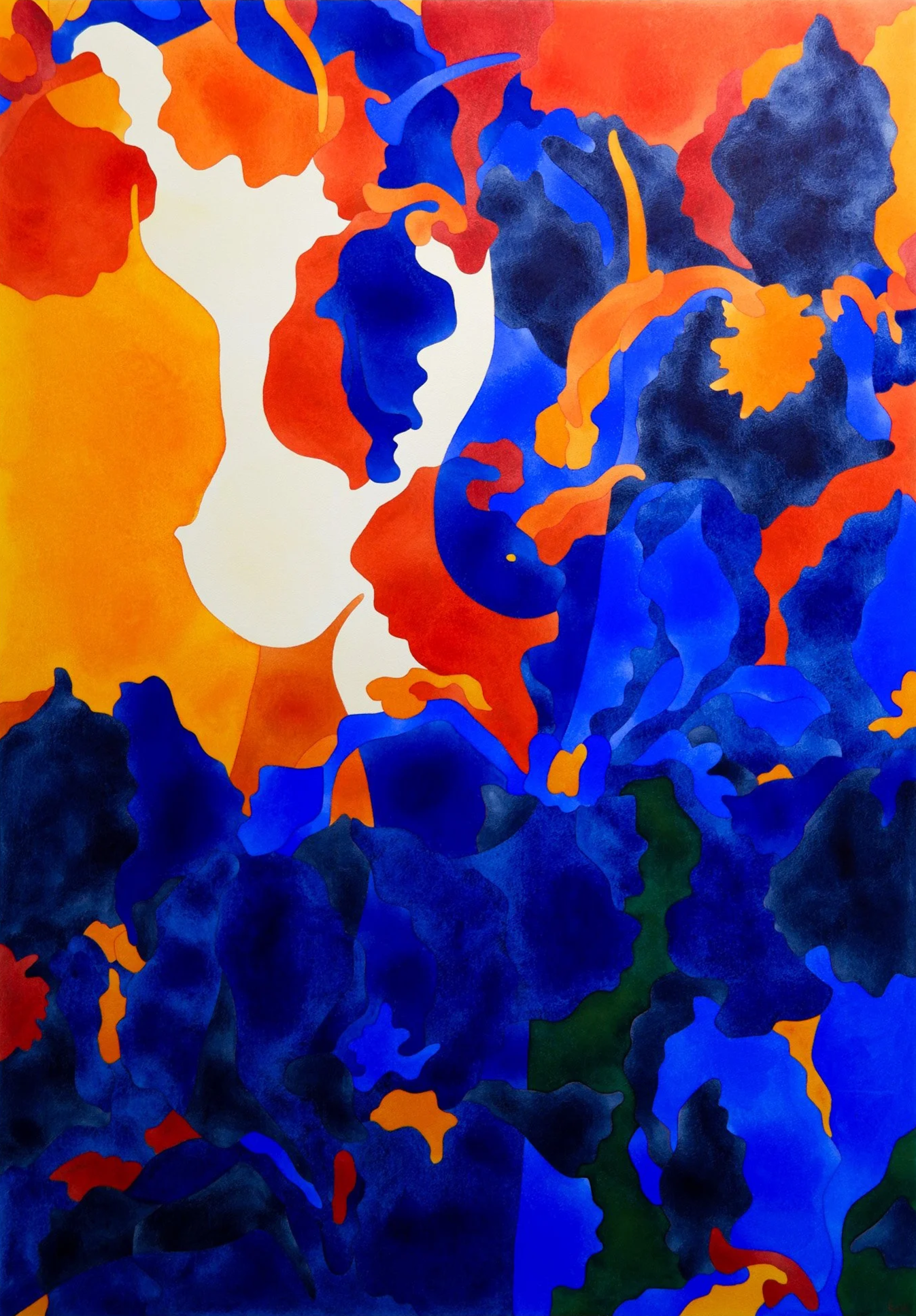 Une peinture abstraite avec des formes et des couleurs vives principalement en orange, bleu, rouge et vert, évoquant un visage de profil entouré de motifs floraux ou organiques.