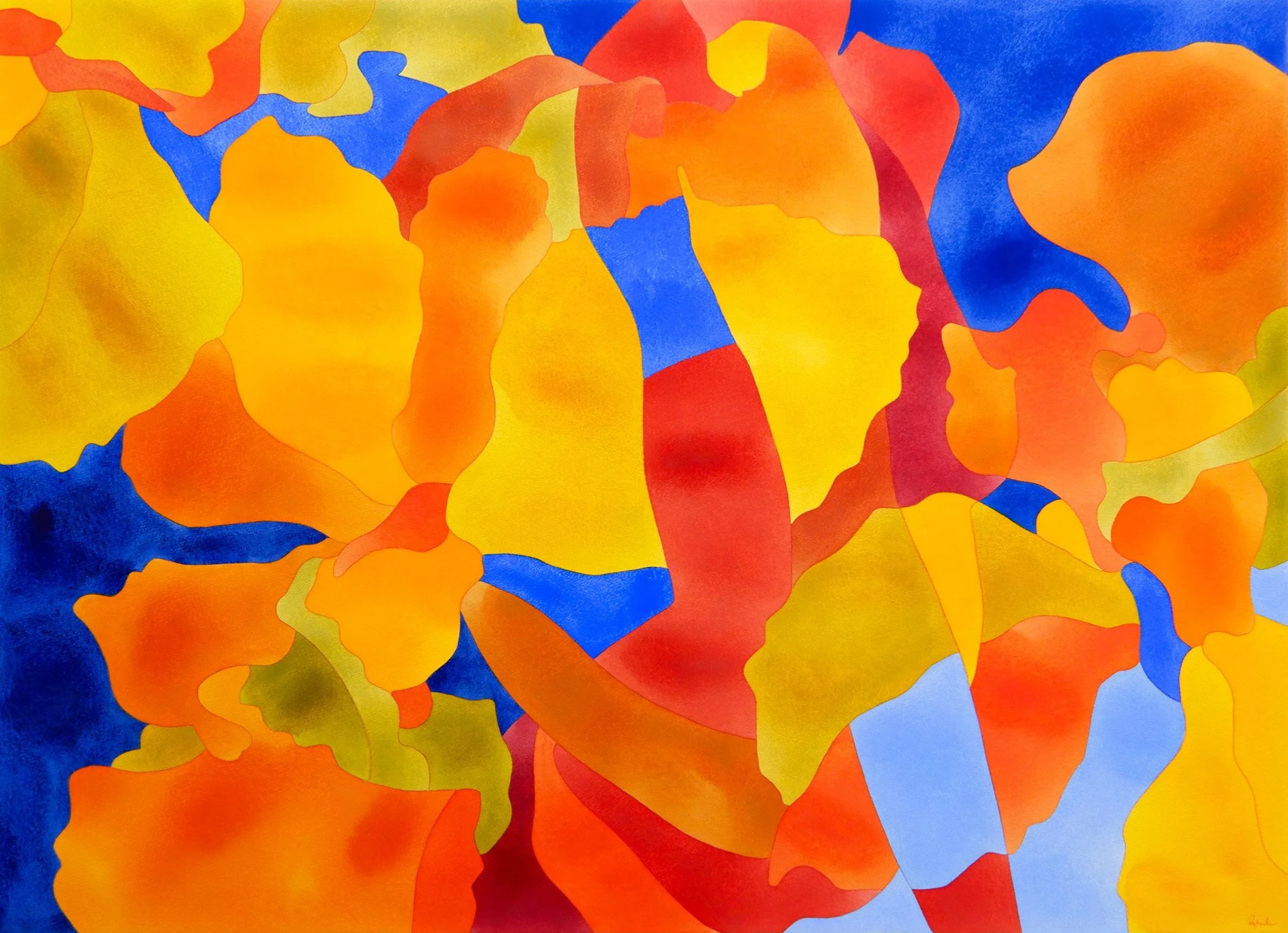 Peinture abstraite avec des formes fluides en couleurs chaudes comme le jaune, l'orange, le rouge, avec des touches de bleu.