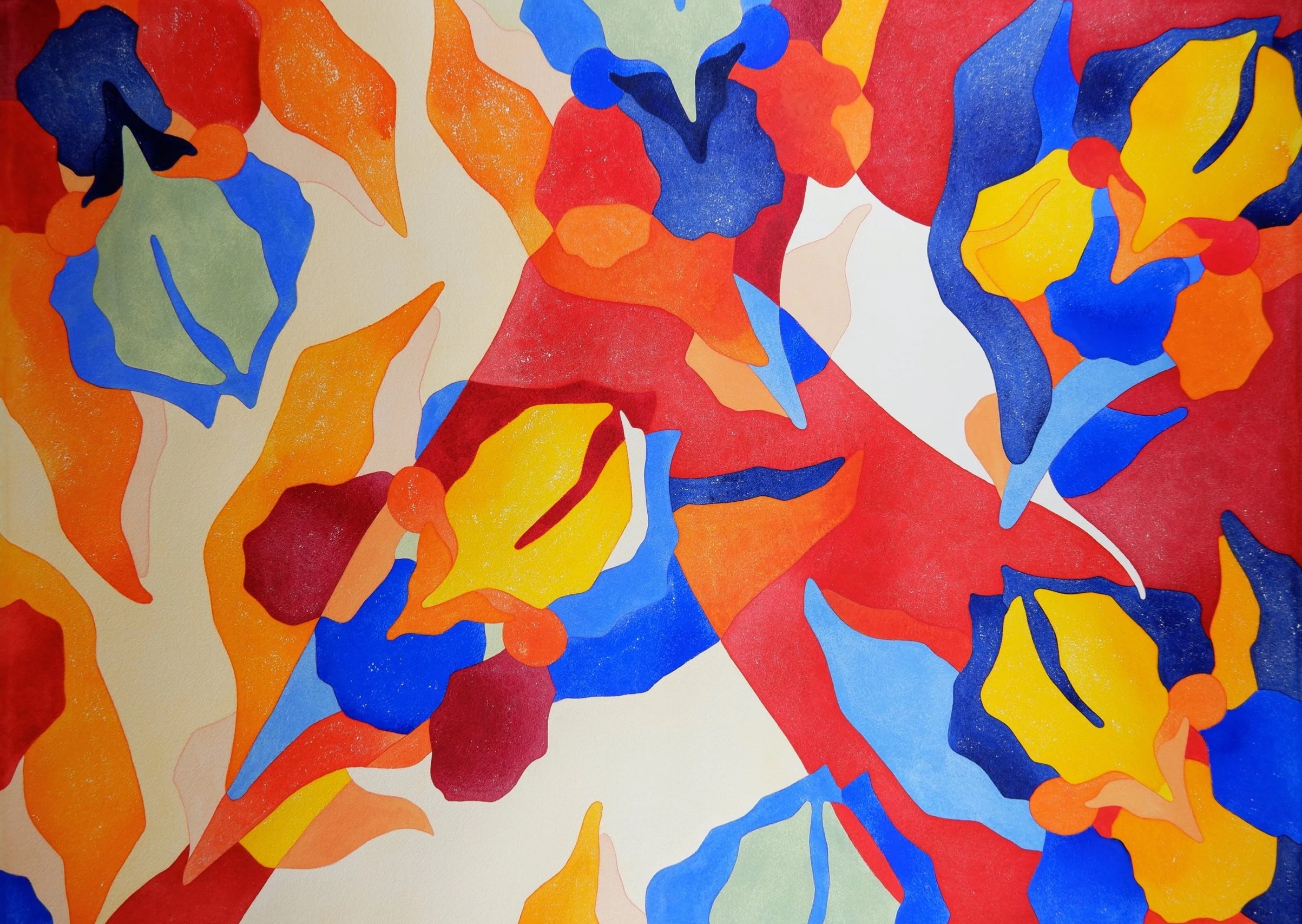 Une peinture abstraite avec des formes colorées en rouge, orange, jaune, bleu, vert et beige, disposées de manière dynamique sur fond blanc.