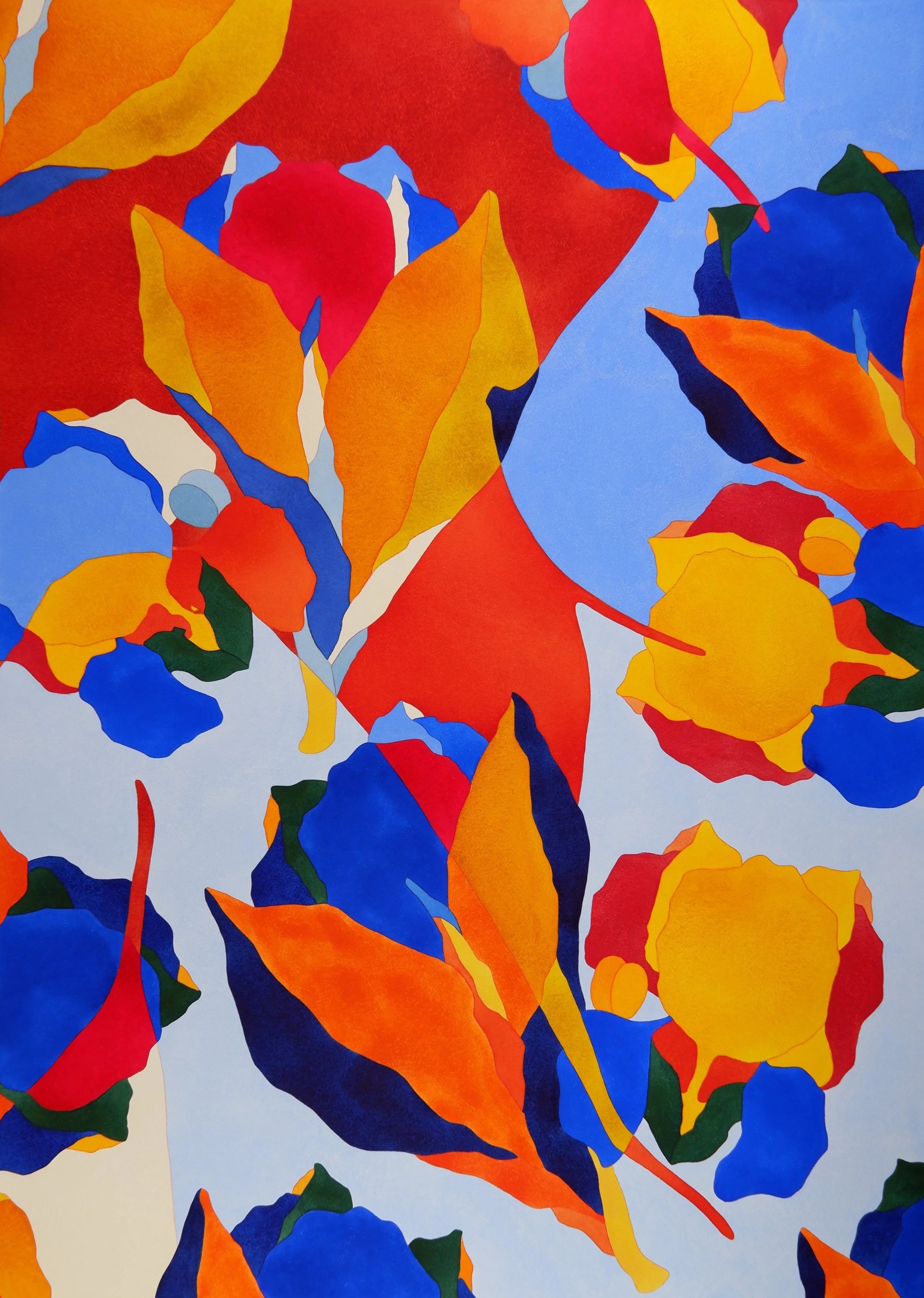 Une peinture abstraite avec des formes colorées en rouge, orange, jaune, bleu et vert sur un fond blanc