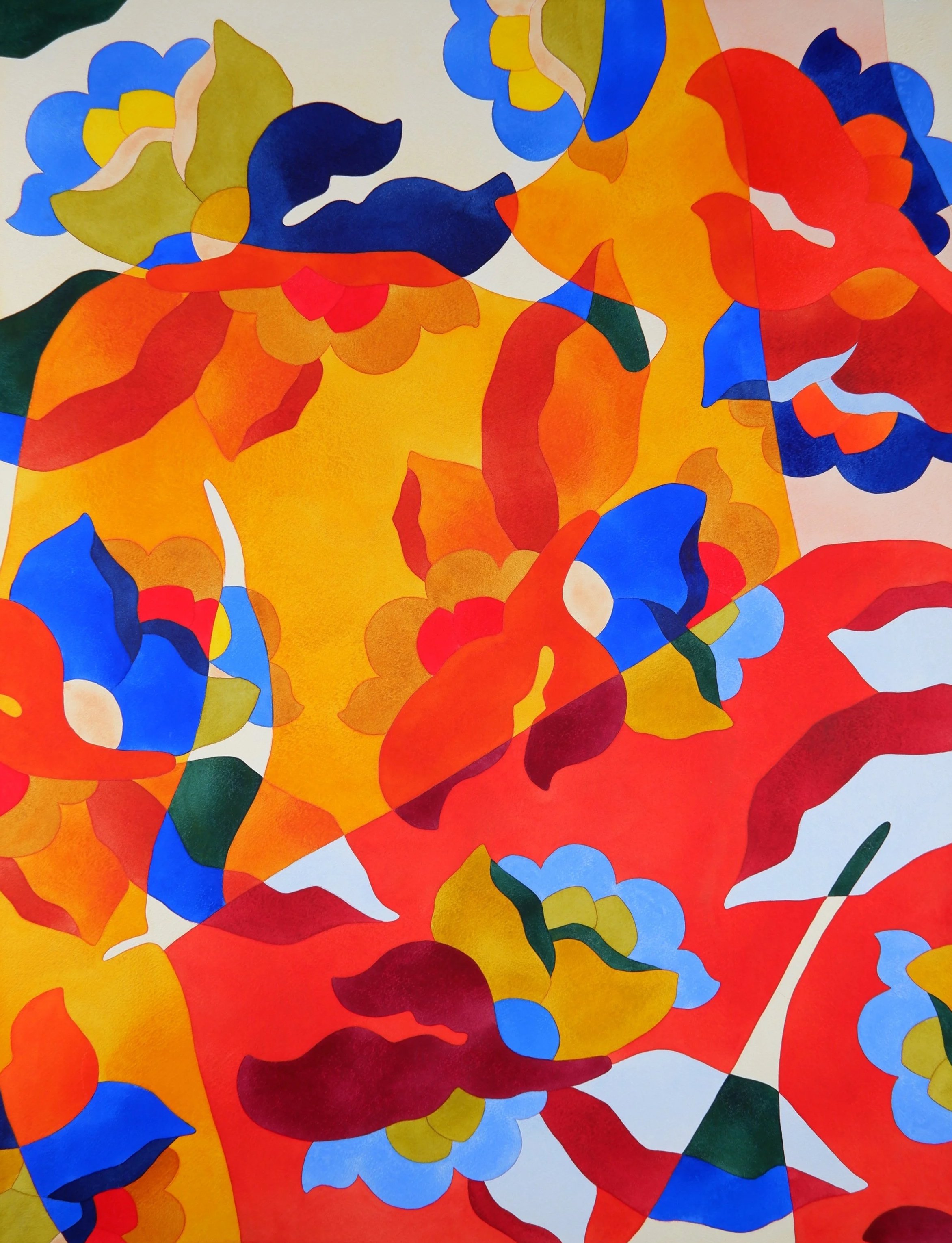 Une œuvre d'art abstraite avec des formes colorées en rouge, bleu, jaune, vert et beige sur un fond blanc.