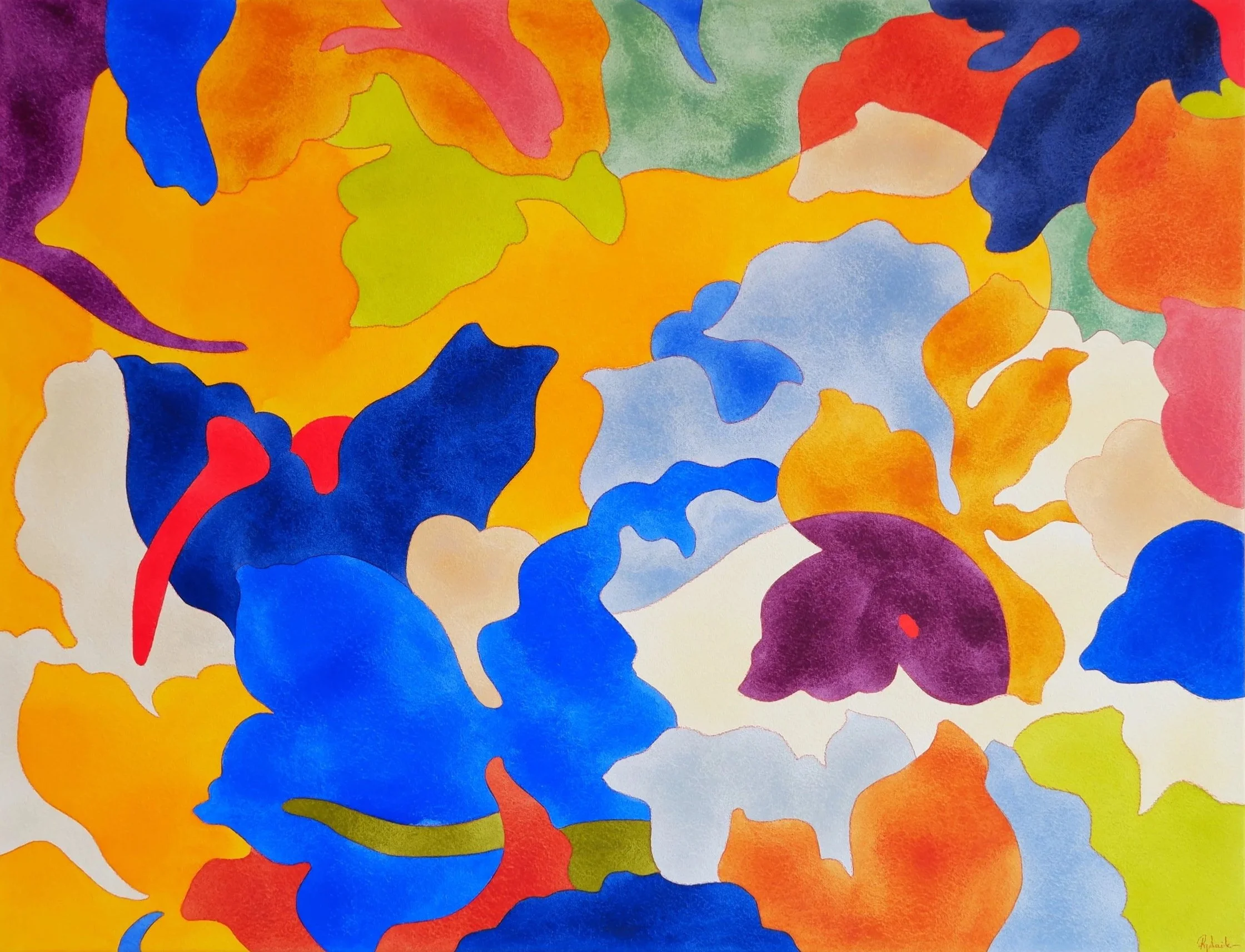 Une peinture abstraite colorée avec des formes fluides en diverses teintes vives, notamment des nuances de bleu, orange, vert, rose et violet.